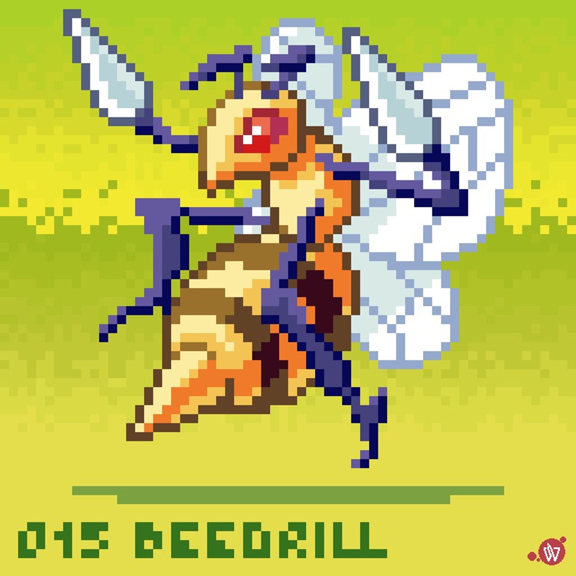 Pixel art of Beedrill the bug-type Pokémon, who is facing to the left with both arm spears raised and abdominal sting pointed forward. A label at the bottom of the image reads: "015 BEEDRILL" written in a custom pixel font.