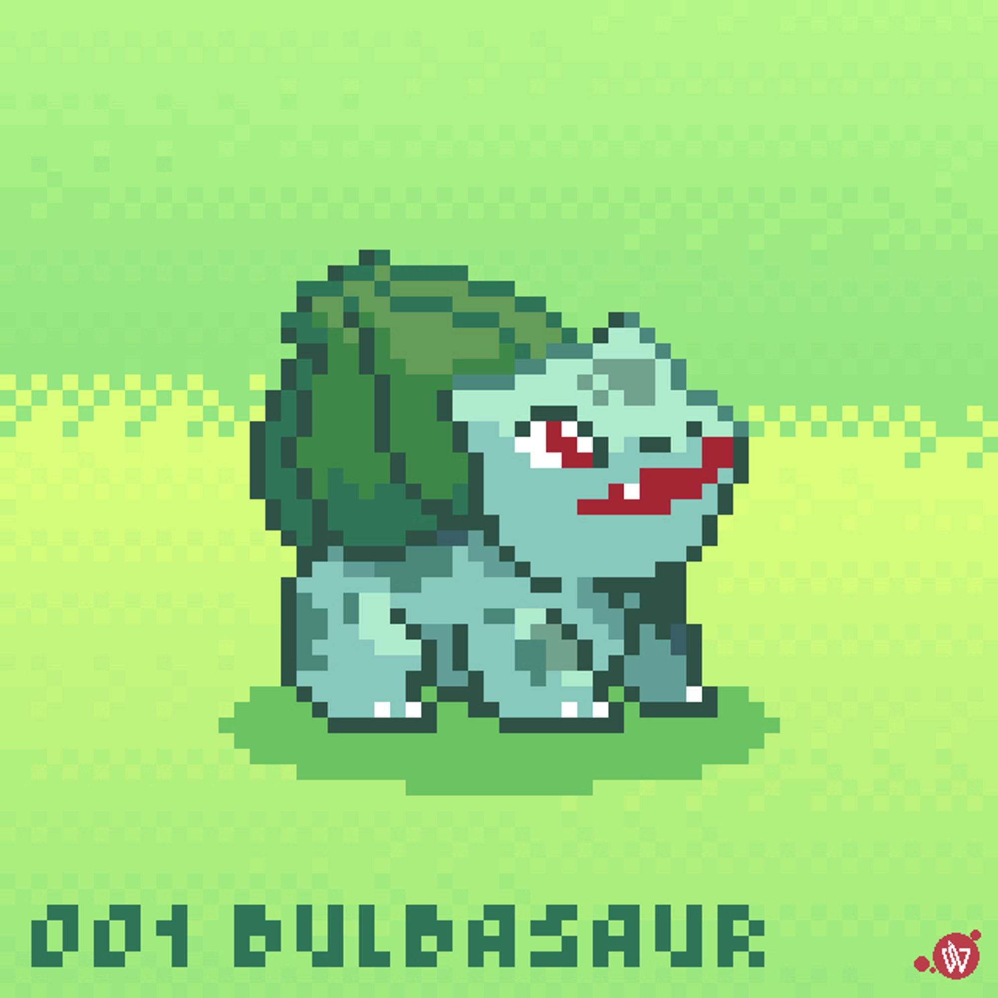 Pixel art of Bulbasaur the Pokémon, who is facing to the right and looking up slightly. A label at the bottom of the image reads: "001 Bulbasaur" written in a custom pixel font.