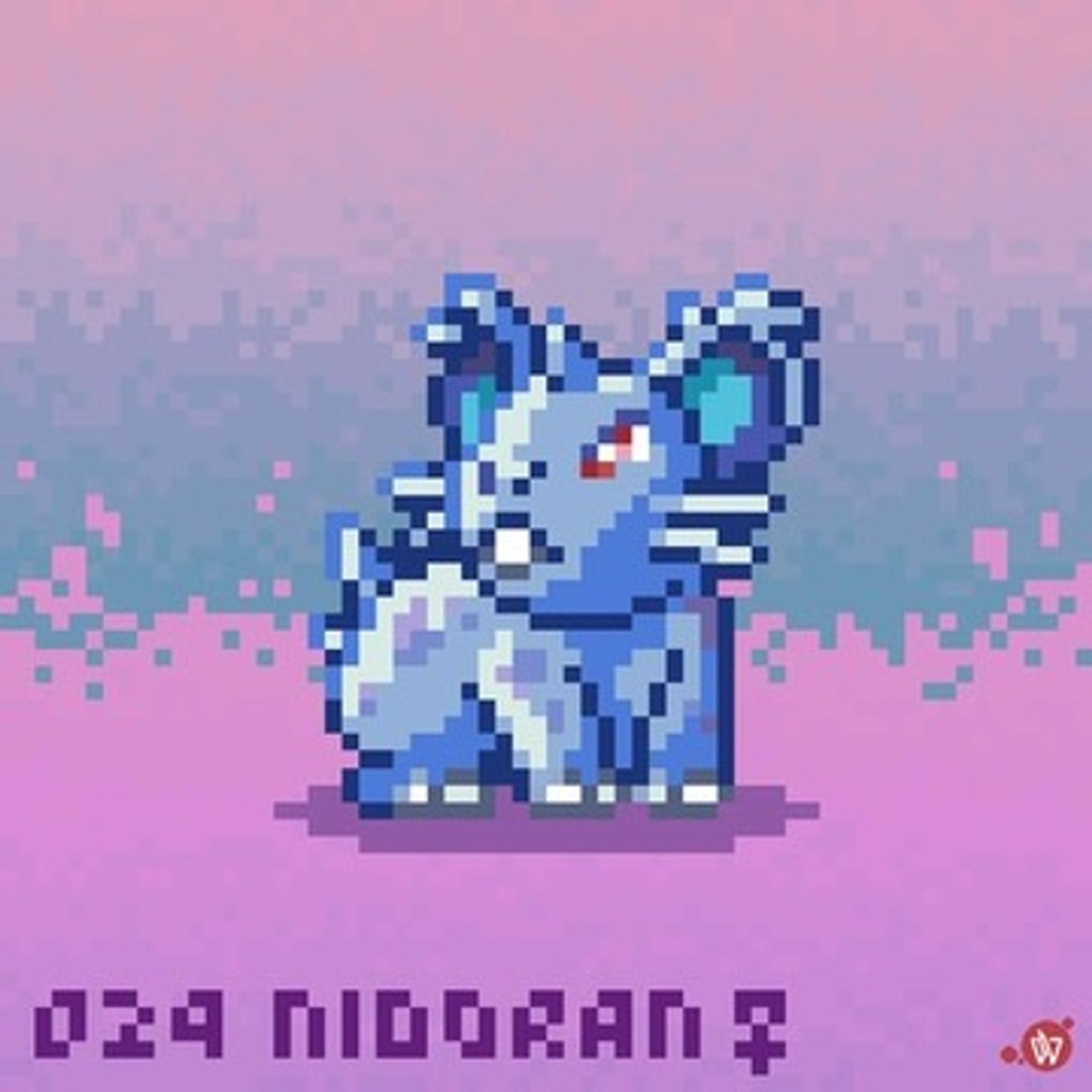 Pixel art of Nidoran ♀ the Poison-type Pokémon, who is facing to the right but looking alertedly to the left. A label at the bottom of the image reads: "029 NIDORAN ♀" written in a custom pixel font.