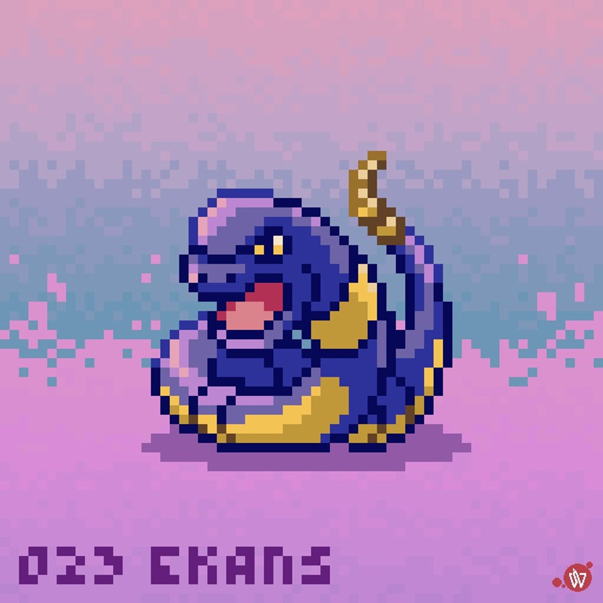 Pixel art of Ekans the Poison-type Pokémon, who is partially coiled up, in a defensive post, while stretching forward with mouth open as if to warn you to stay away. A label at the bottom of the image reads: "023 EKANS" written in a custom pixel font.