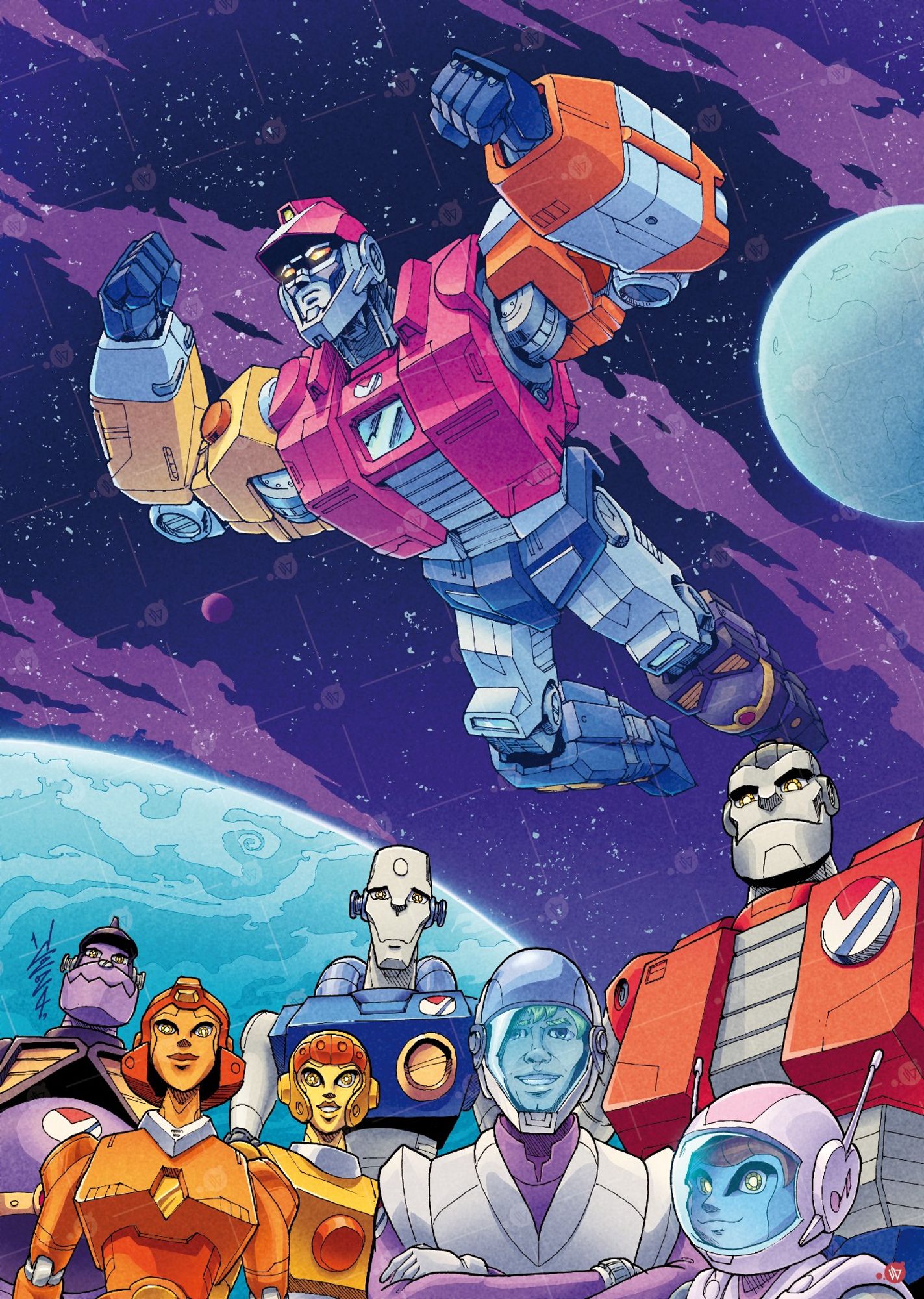 Full colour illustration of the characters from The Mighty Orbots, both in their individual modes at the bottom of the image, as well as in their combined form which is flying through space, in the centre of the image.