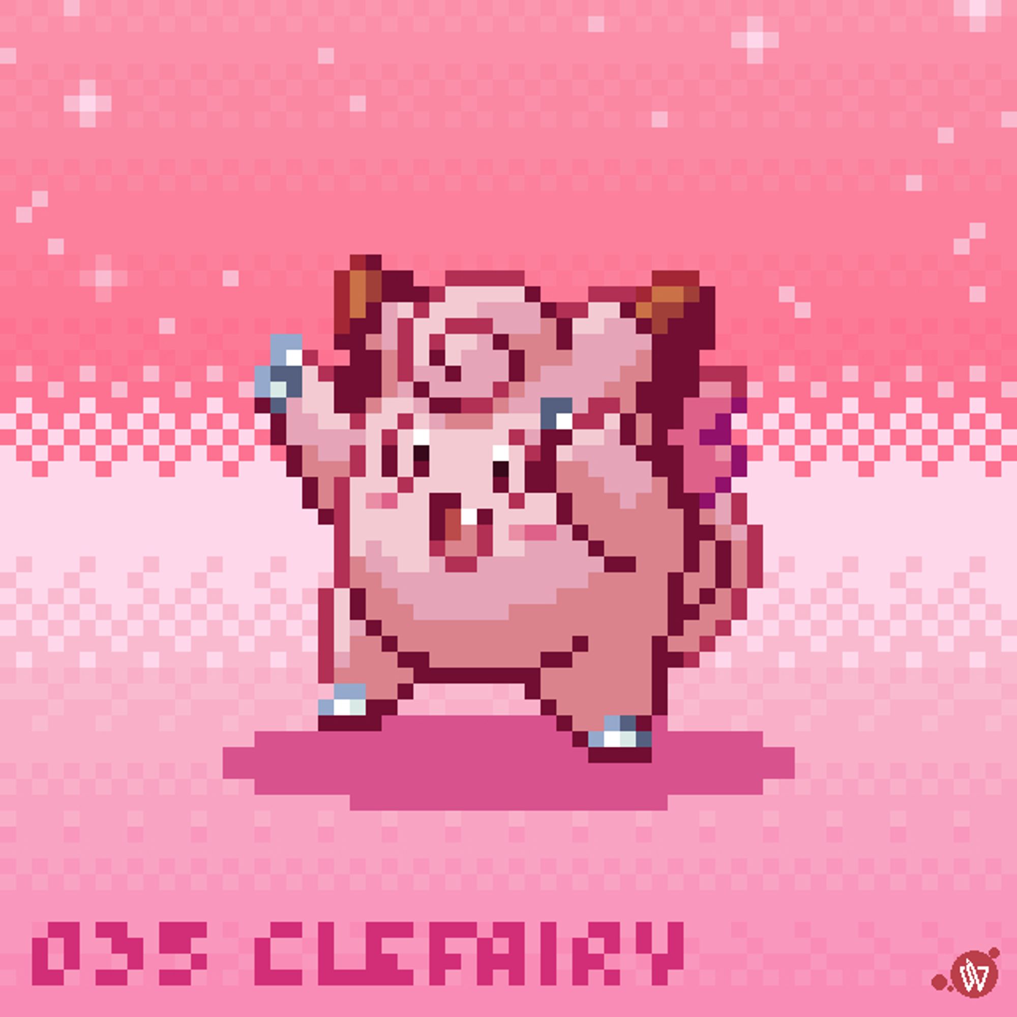 Pixel art of Clefairy the Fairy-type Pokémon, who is looks joyful and is pointing to the air with both hands. A label at the bottom of the image reads: "035 CLEFAIRY” written in a custom pixel font.