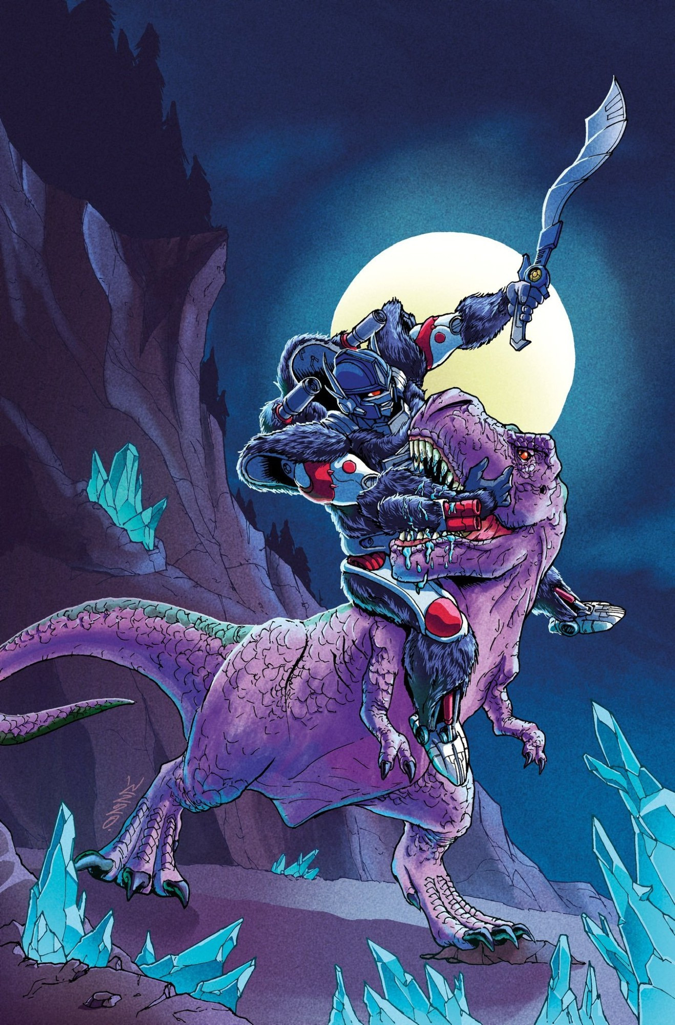 Full colour illustration of Optimus Primal and Megatron from Transformers: Beast Wars. Primal, in robot mode, is on the back of Megatron who is in T-Rex mode. The latter has chomped down on the former's right arm who has his sword raised in his other hand. Their duel takes place at night, during a full moon, and in a rocky outcrop with crystals of raw energon protruding out of the ground and rocks.