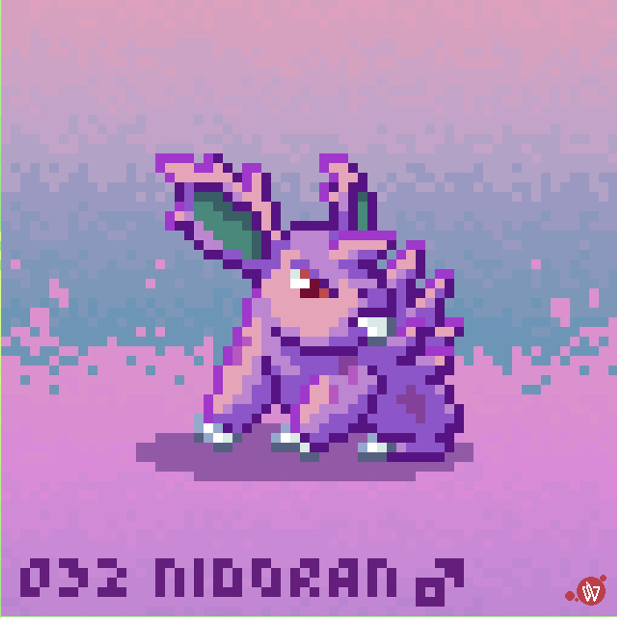 Pixel art of Nidoran ♂ the Poison-type Pokémon, who is facing to the left but looking alertedly to the right. A label at the bottom of the image reads: "032 NIDORAN ♂" written in a custom pixel font.