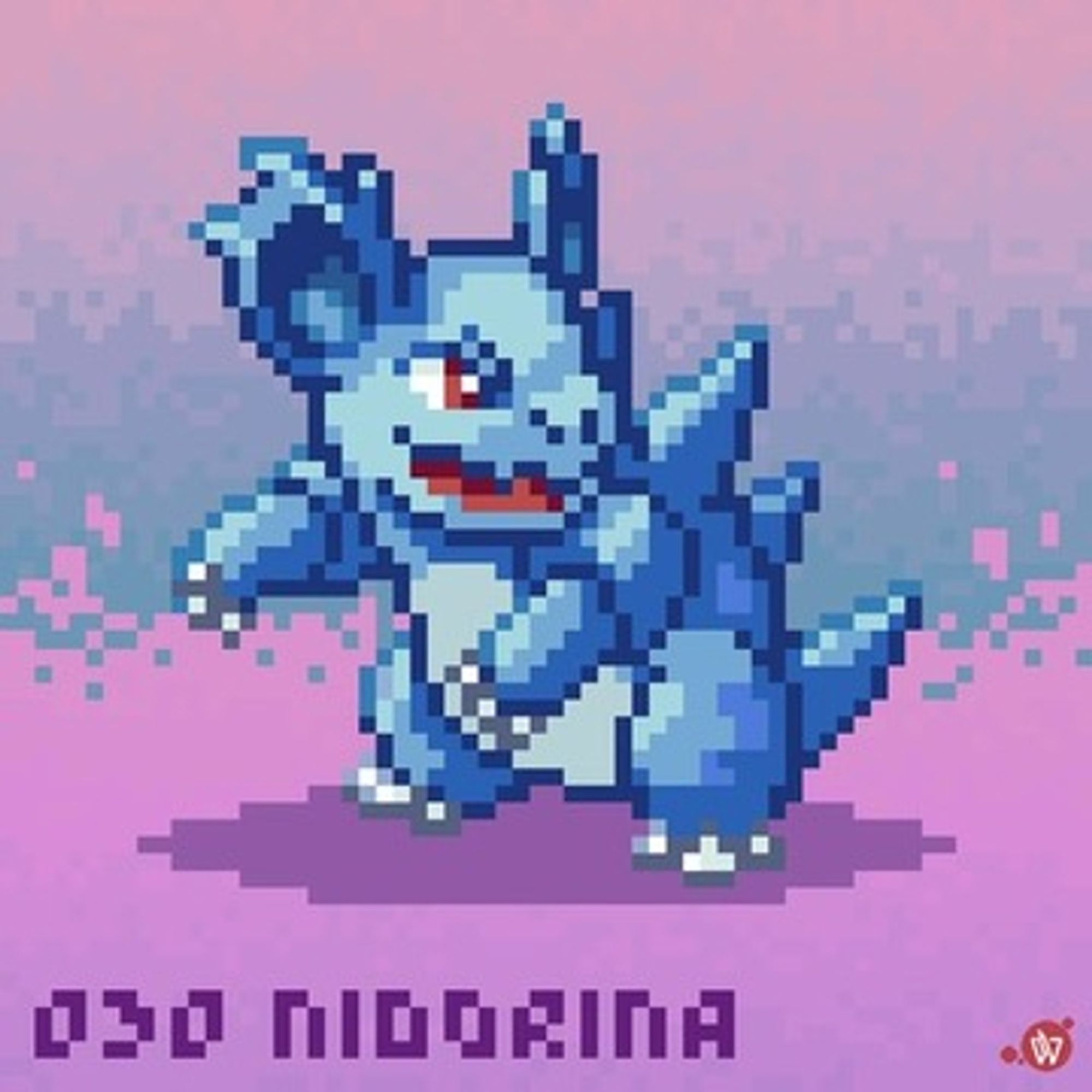 Pixel art of Nidorina the Poison-type Pokémon, who is facing to the left but is looking the right. A label at the bottom of the image reads: "030 NIDORINA" written in a custom pixel font.