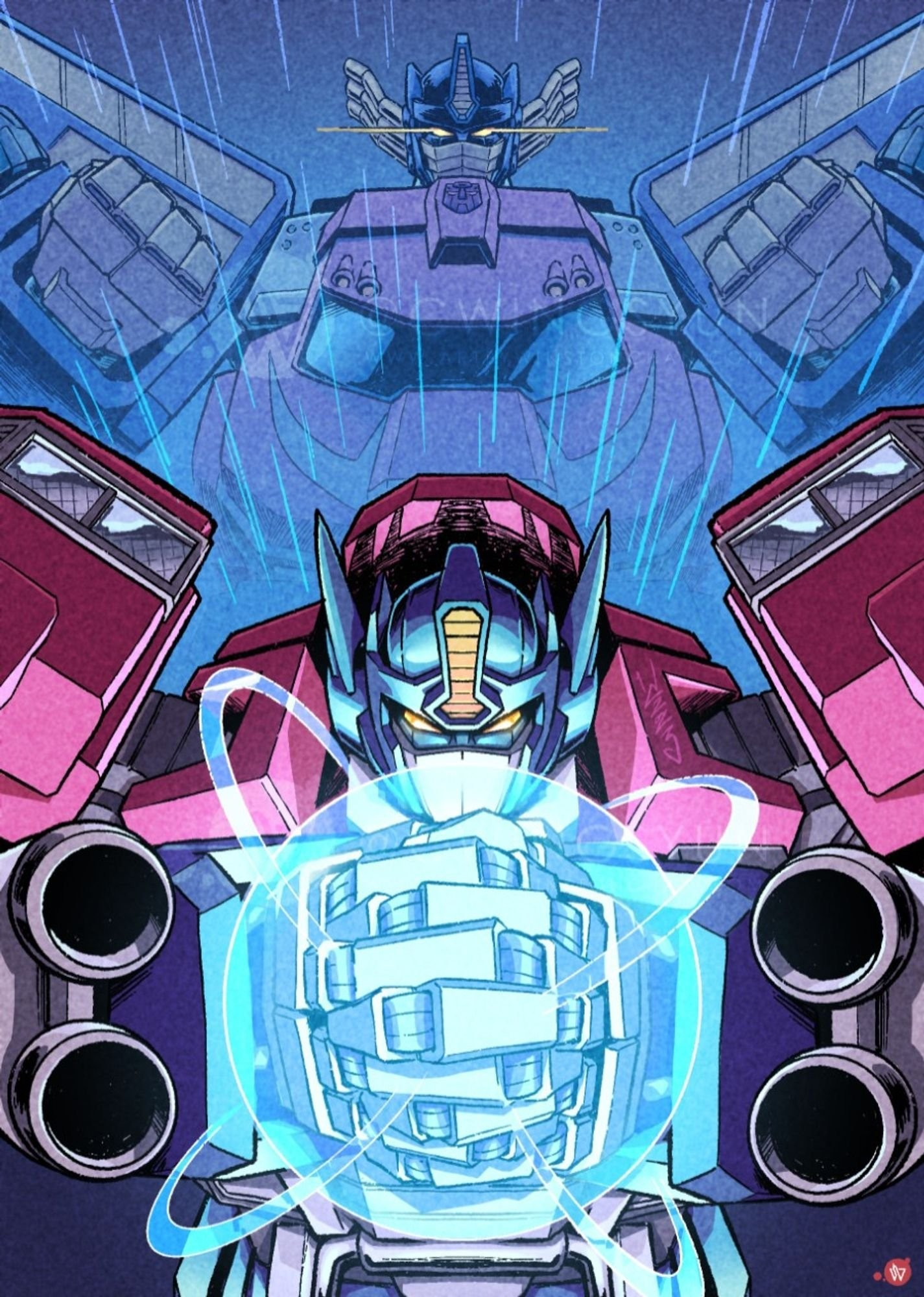 Full colour digital illustration of Optimus Prime from Transformers Armada, in both his base form and super mode.