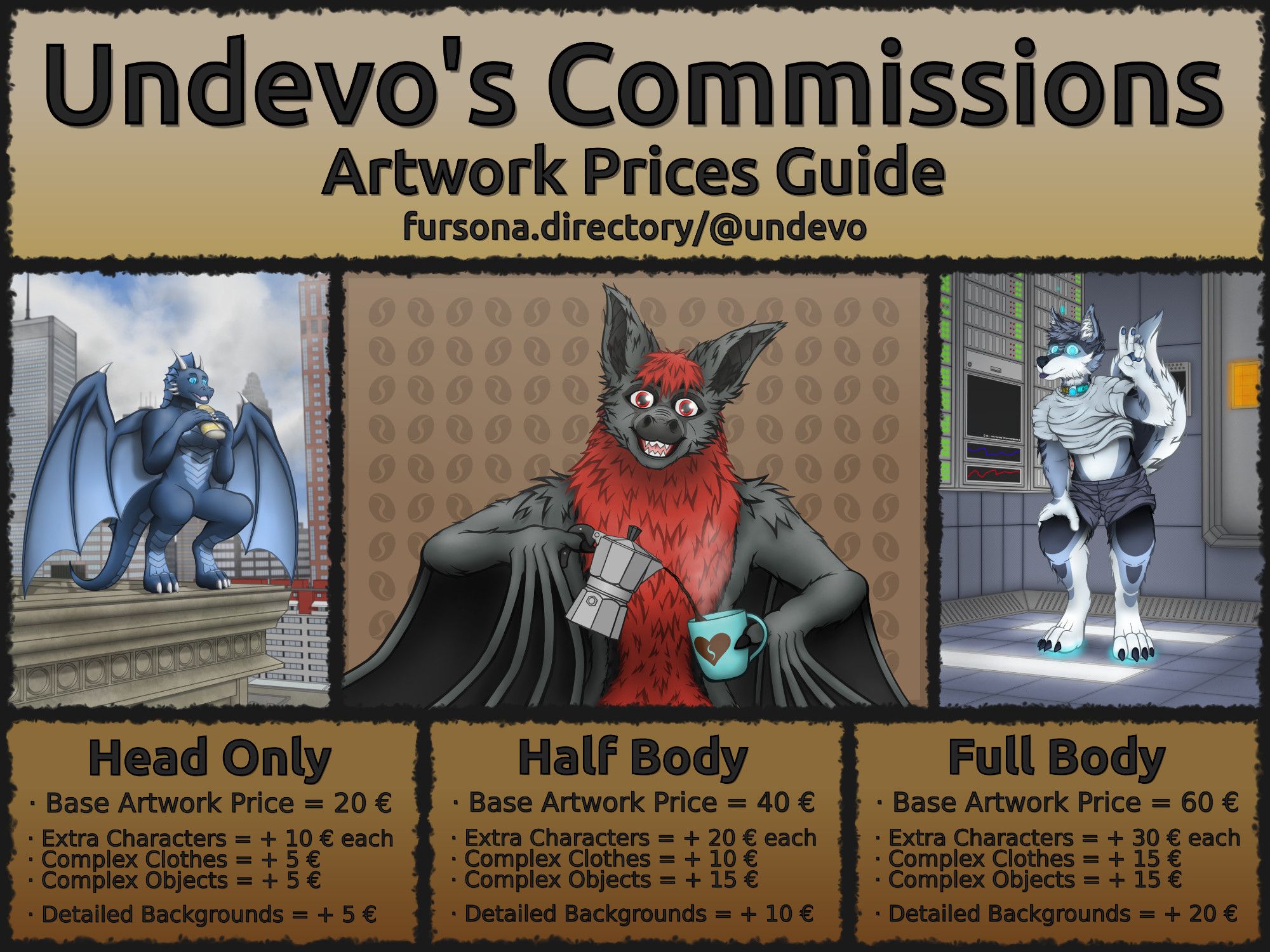 Image containing three example artworks, and a guide to commissioned artwork prices.