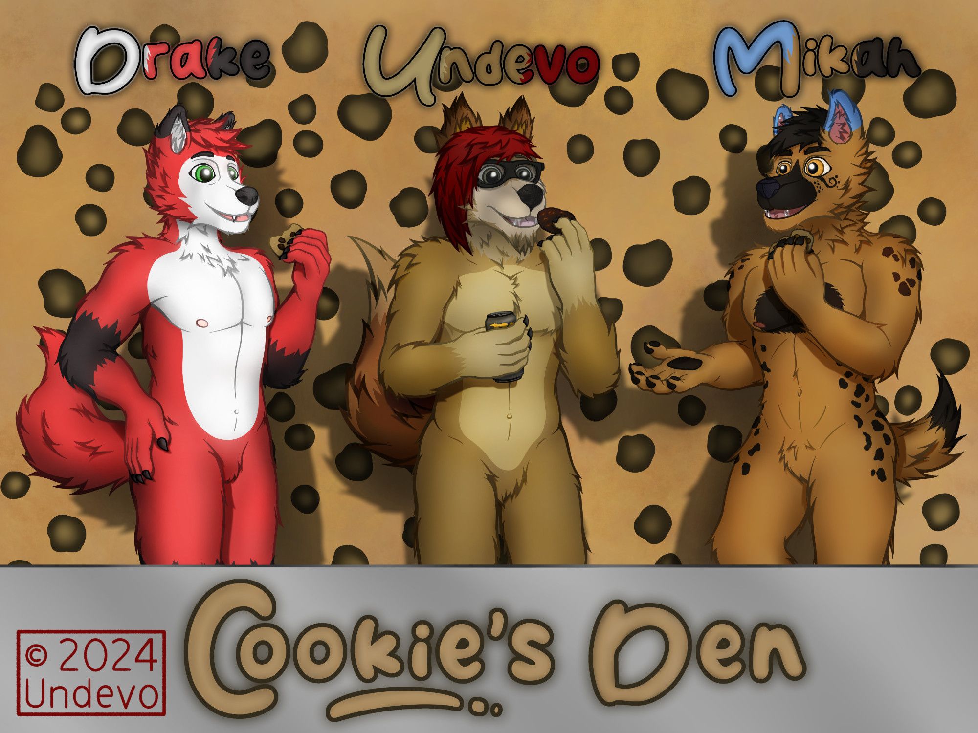 Drawing of my fursona, a dingo with light brown, cream, and beige fur, and long maroon hair; of Mikah's fursona, a hyena with light brown and light blue fur, dark brown fur spots, and dark brown hair; and of Drake's fursona, a Japanese wolf with red, white, and black fur, and red hair.

They are all eating differently flavored chocolate chip cookies, while talking and looking at each other with happy smiles on their faces.

The background is a minimalist patterned wallpaper, resembling the texture of a baked cookie with many small chocolate chips lying on it.

Above each portrayed character is shown their name, written with the colors of their fur, while the bottom side of the artwork shows a surface resembling a shiny cooking tray, with "Cookie's Den" written on it with cookie dough.

The drawing style is a mix of semi-realistic texturing and shading, flat coloring, and thick contour lines.