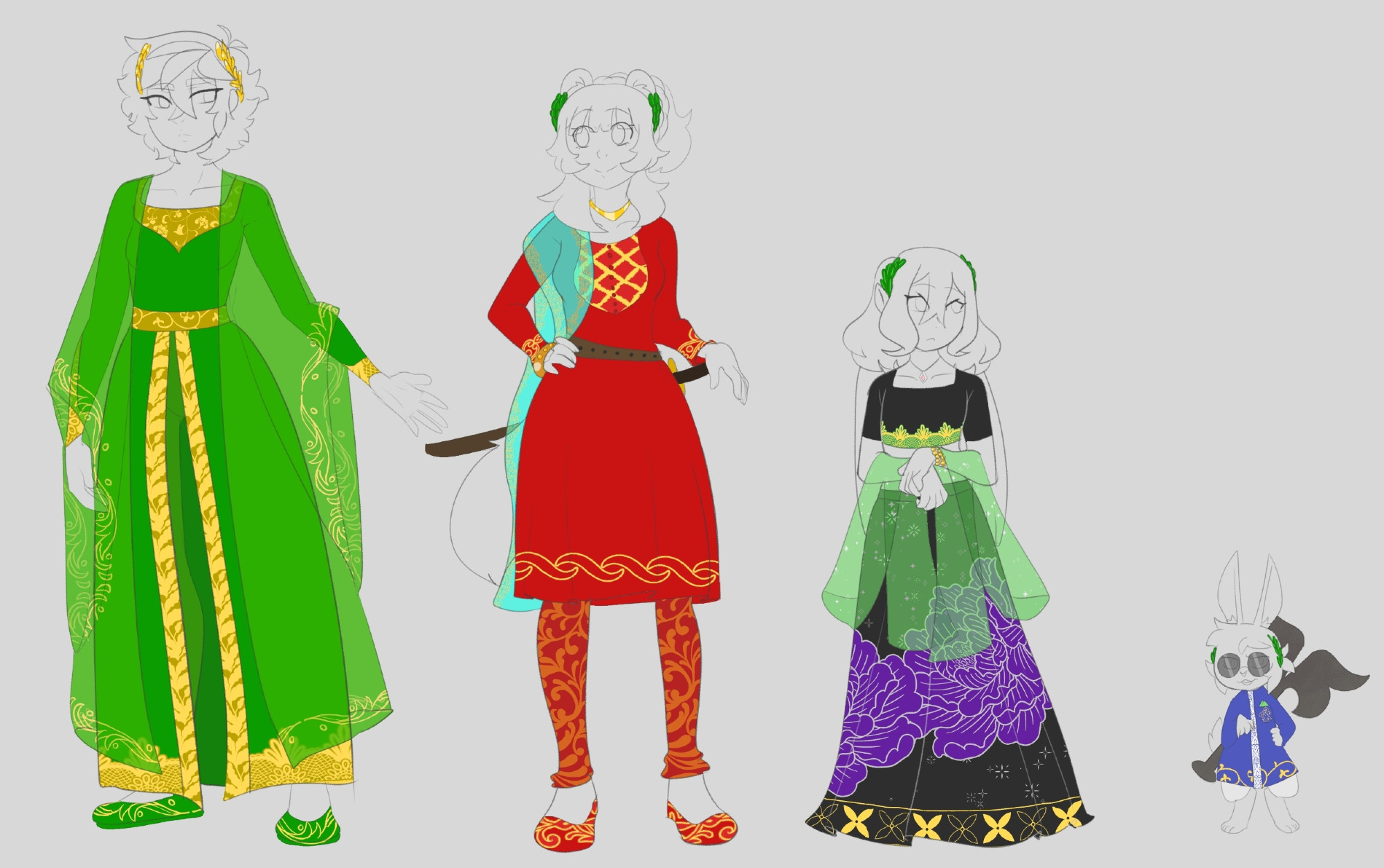 Digital art of Iwatani Naofumi, Raphtalia, Clover, and Laurwald from the fanfic Pain of the Shield Hero dressed in Indian-esque clothing as a representation of Zeltoble's culture. The most stand-out pieces on each person: Naofumi's green slit-front anarkali suit with a square neckline and golden-yellow borders, Raphtalia's vibrant red dress with yellow accents at the chest, end of her long sleeves, and lower border with a bright teal, yellow-embroidered dupatta over her right shoulder; Clover's black lehenga skirt covered with pale white sparkles and stars and vibrant purple flowers sewn into the fabric and lined with silver-colored thread; and Laurwald's dark blue achkan top with yellow vine embroidery on the pocket and bottom edge. All of them wear laurel wreathes around their heads, but Naofumi's is golden while the rest are green. Their skin and hair are not colored in to allow the clothes to pop out.