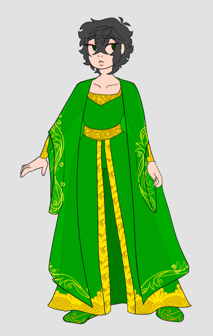 Digital art of Iwatani Naofumi from the fanfic Pain of the Shield Hero dressed in a green slit-front anarkali suit prototype.