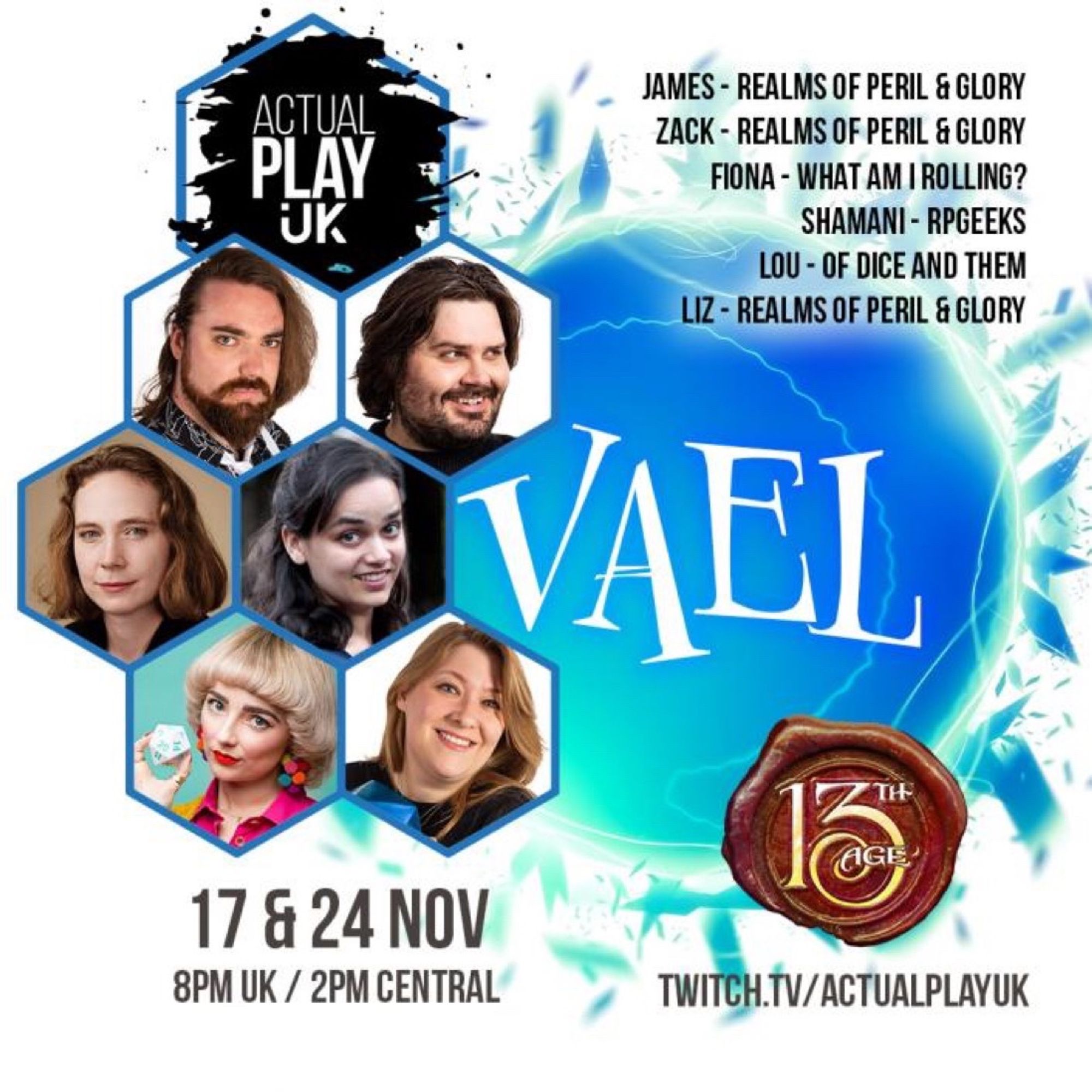 The cast of the Vael game on tonight’s Actual Play UK stream!