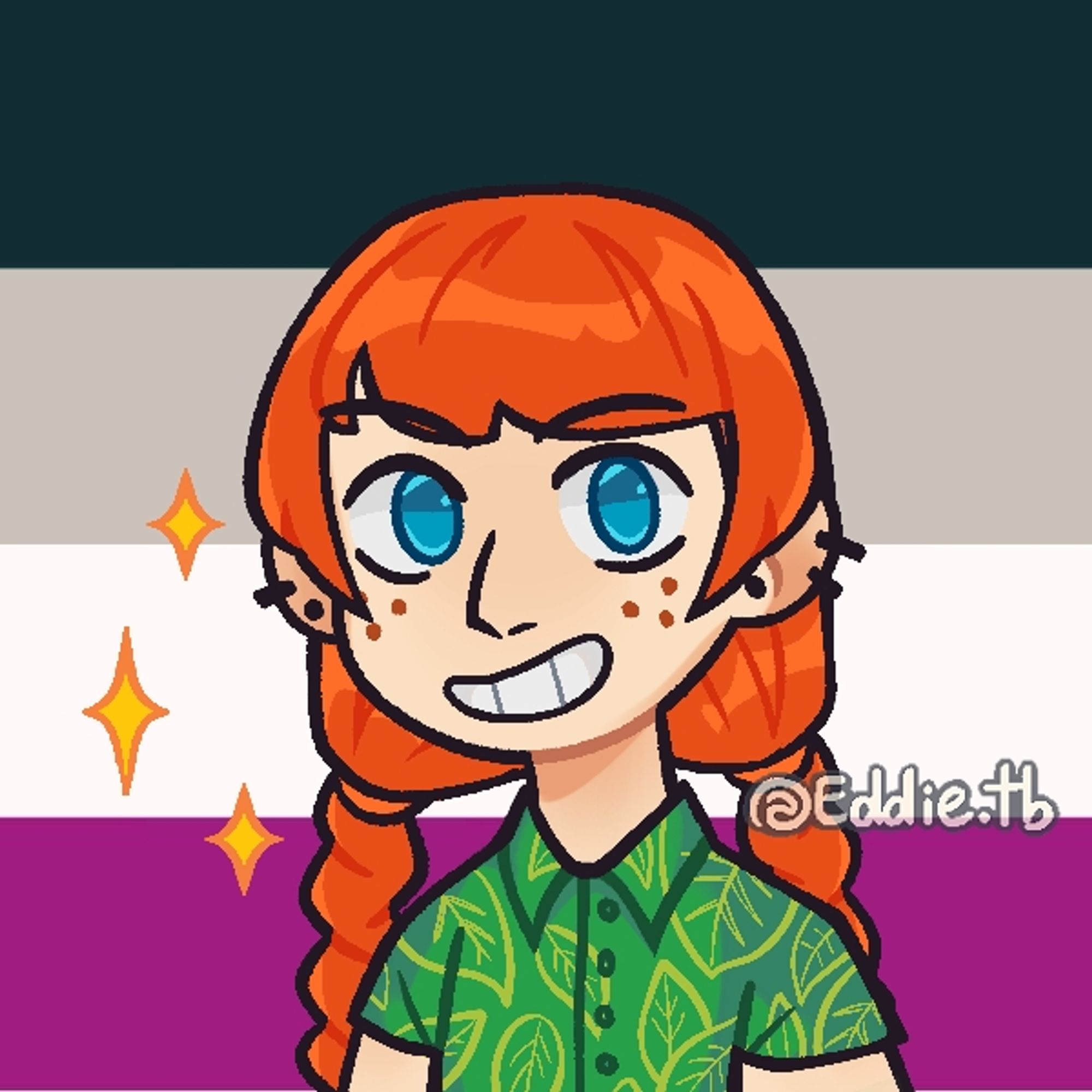 A toony picrew of a smiling woman  with ginger hair in twin braids, blue eyes, and freckles on her cheeks. She has multiple ear piercings and is wearing a green butte down shirt with leaf print on it. The background is the ace flag.