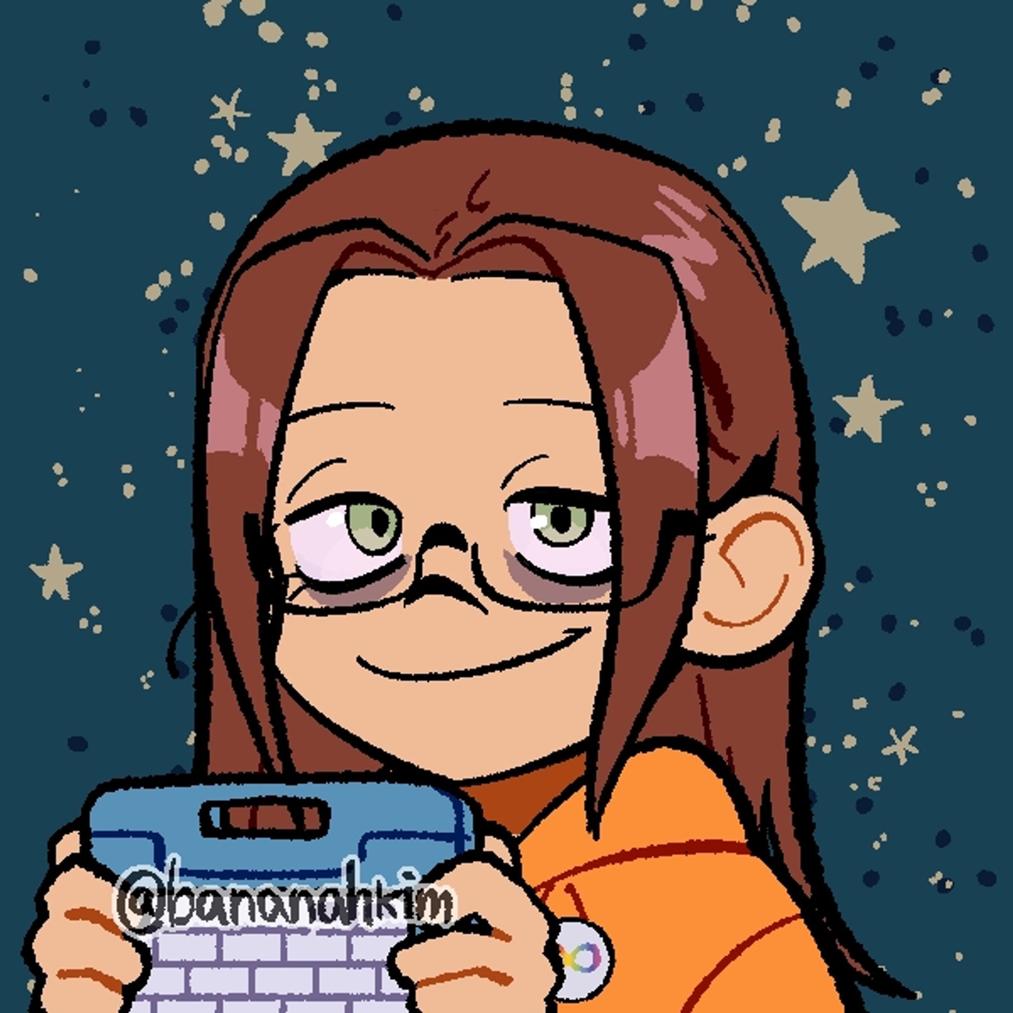 A toony picrew of a brunette person with glasses and green eyes. They have dark circles under their eyes , long hair, and a rainbow infinity pin on their orange hoodie. Theu are holding a gaming console and the background is a starscape. 