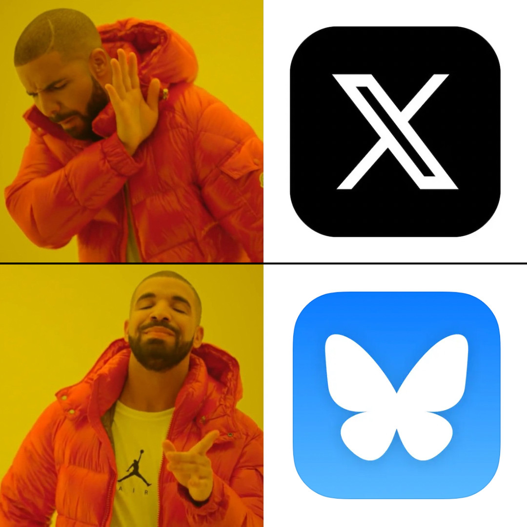 Drake meme with X app symbol and Blue Sky symbol