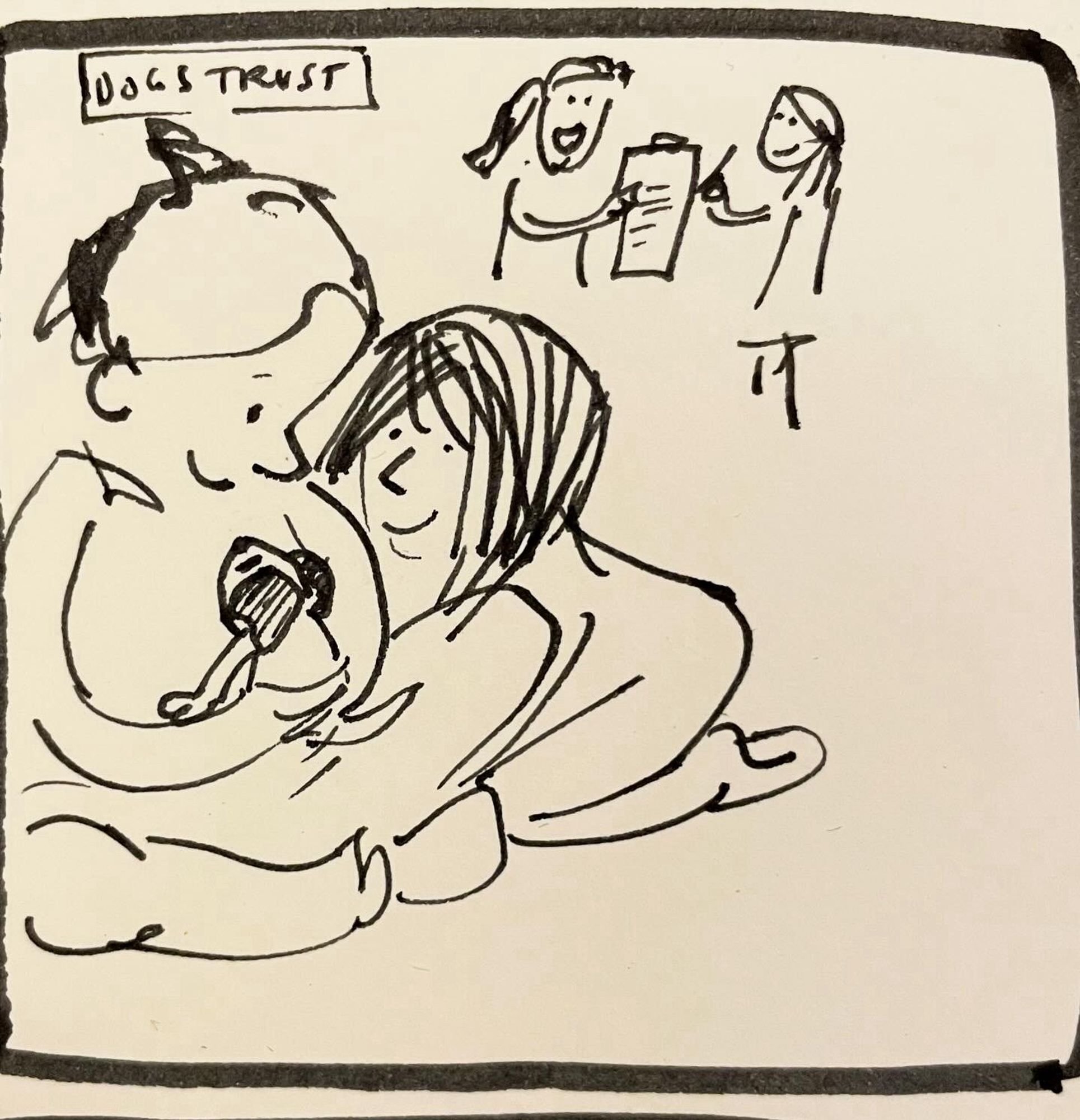 In this drawing, two children are cradling a puppy who is peering up at them. In the background the Mother is signing adoption papers with the Dogs Trust rep.