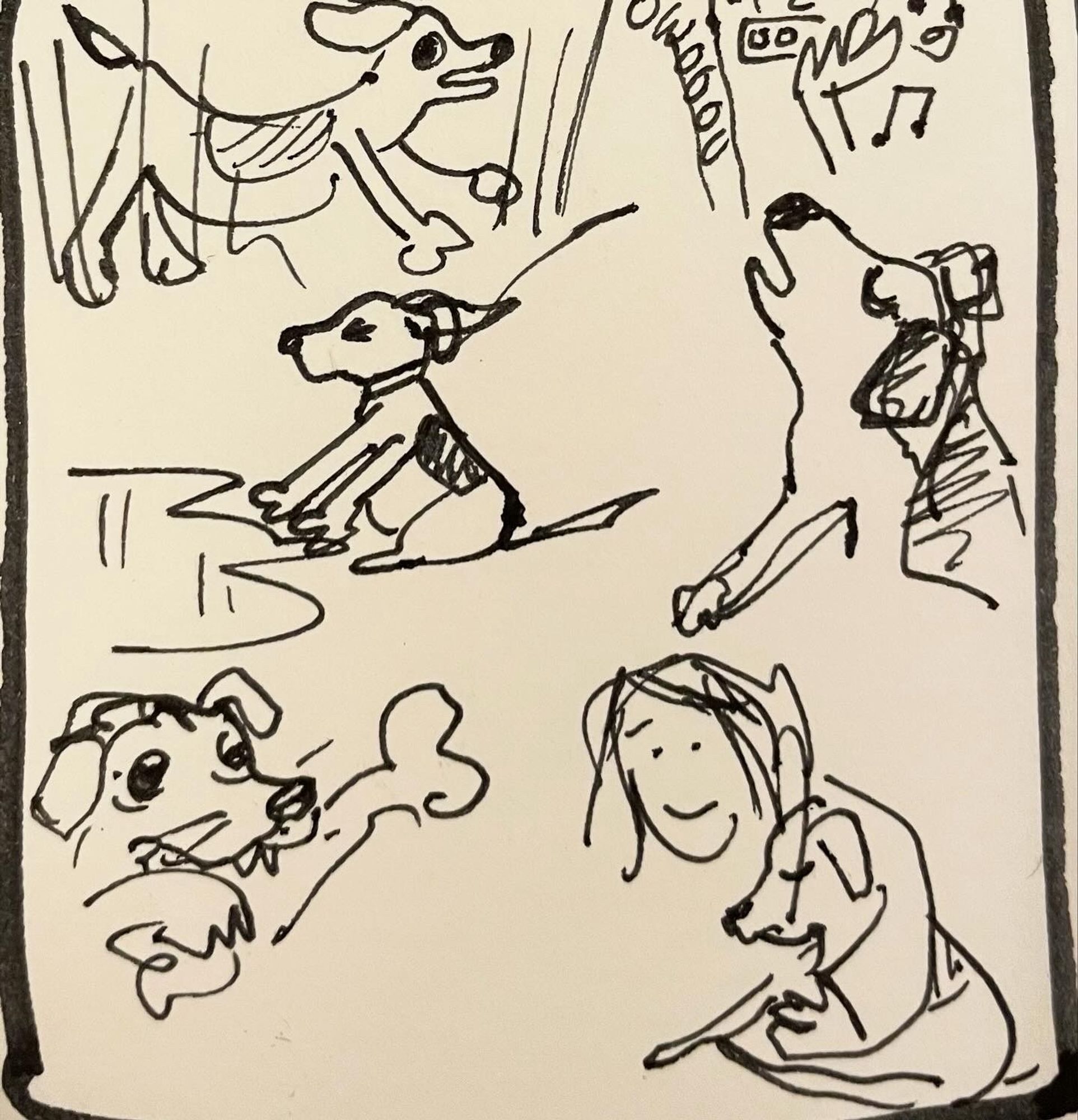 In this drawing, there is a montage of the little dog’s activities. He leaps and runs in tall grass. He sings to sing when his owner plays harmonica. He refuses to get his paws wet. He gnaws on a bone. He cuddles his Mum (me).