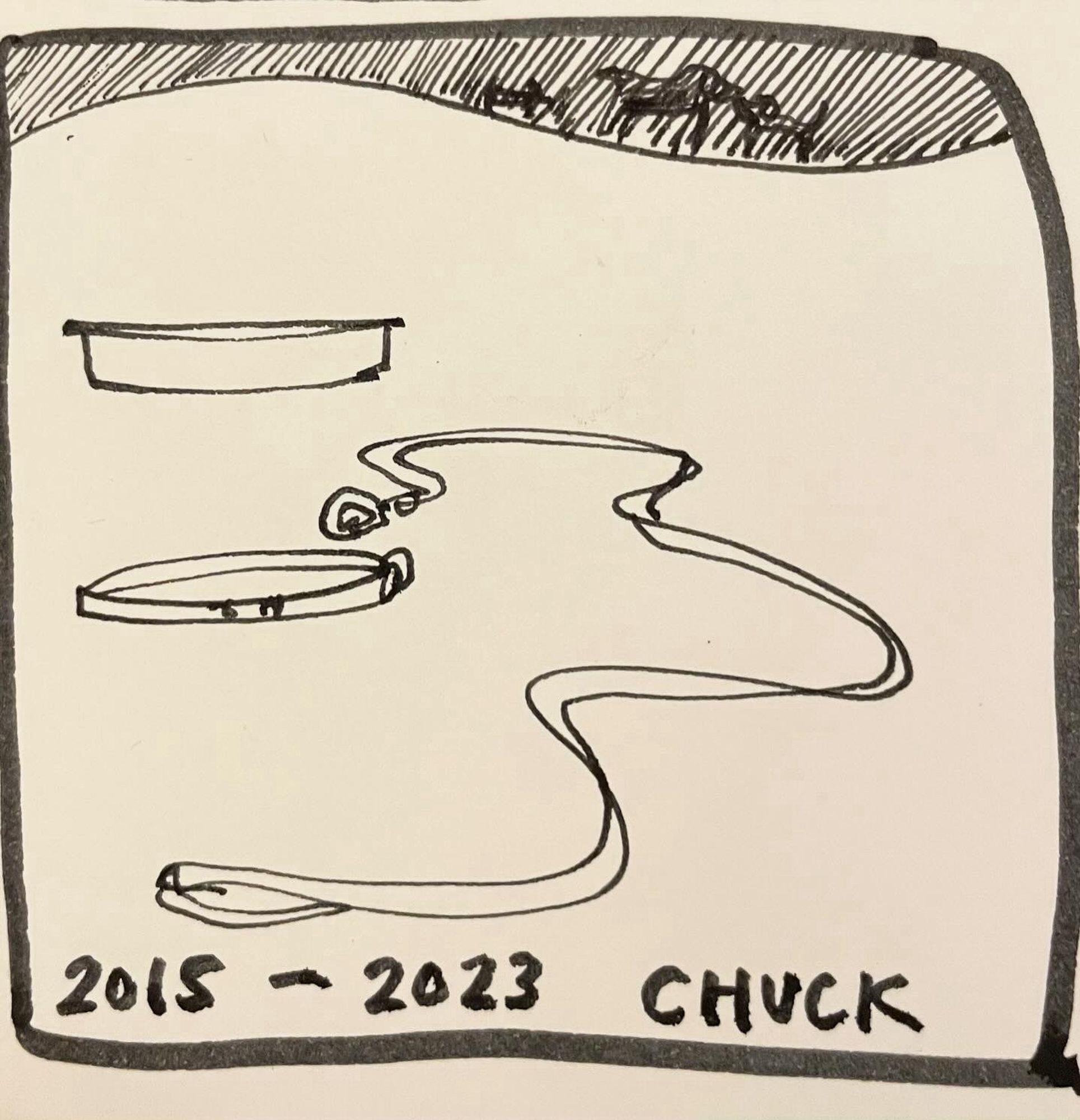 In this drawing, there is an empty dish, a collar & lead pictured. On a dark horizon are silhouettes of 3 dogs. 
The foreground reads 2015-2023 Chuck. 
Chuck has passed away, after a rapid tumour grew. He went to sleep the same day as his Pal Monty, & joins his old best friend Bailey.