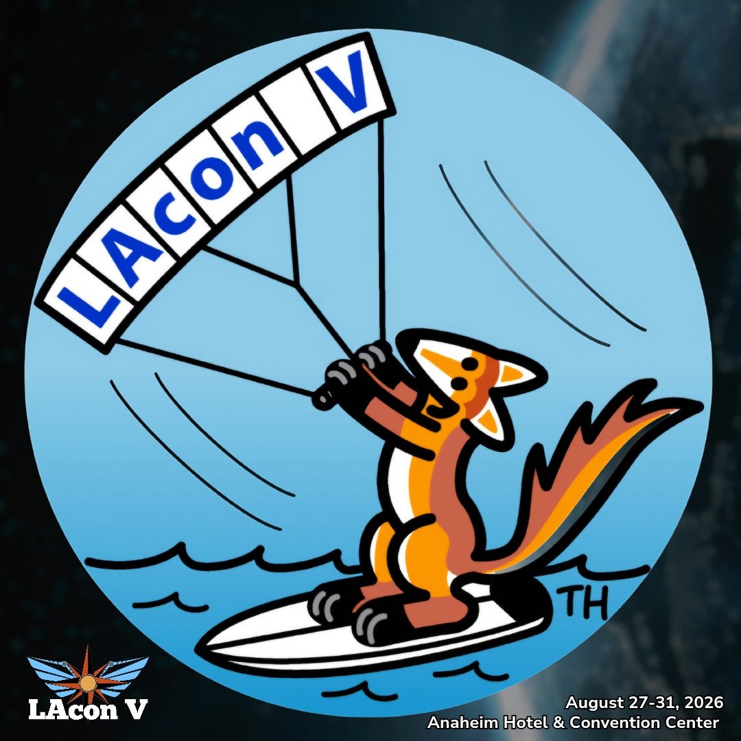 A small, orange fox with a partially white face and belly and black paws stands on a white surfboard and holds a sign that is flapping in the wind and reads LAcon V.