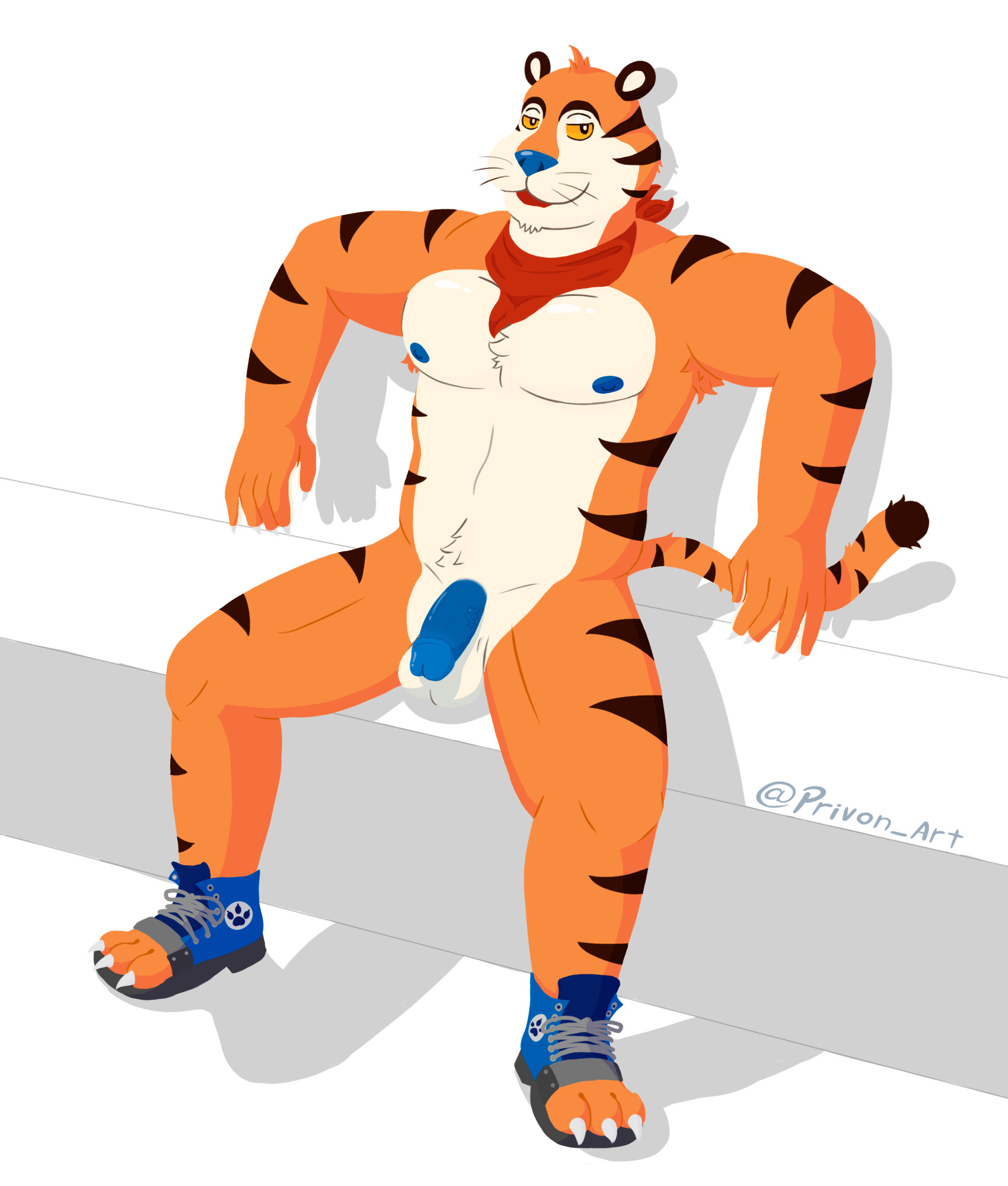 Bara version of Tony the tiger (Anthropomorphic tiger) sitting on a white background, with a soft blue dick and blue pair of paw-shoes and his legs opens.