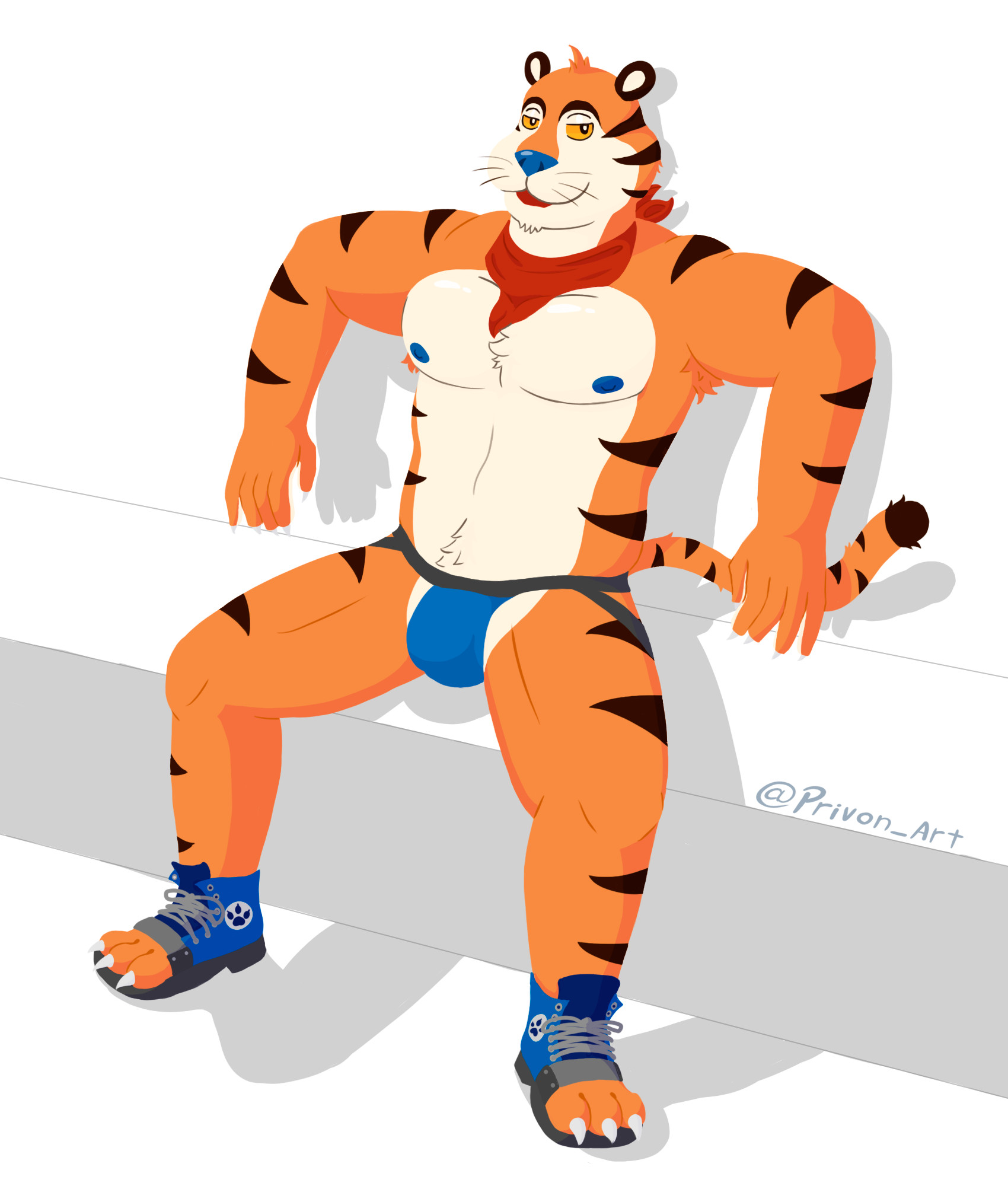 Bara version of Tony the tiger (Anthropomorphic tiger) sitting on a white background, using only a blue Jockstrap and blue pair of paw-shoes with his legs opens.