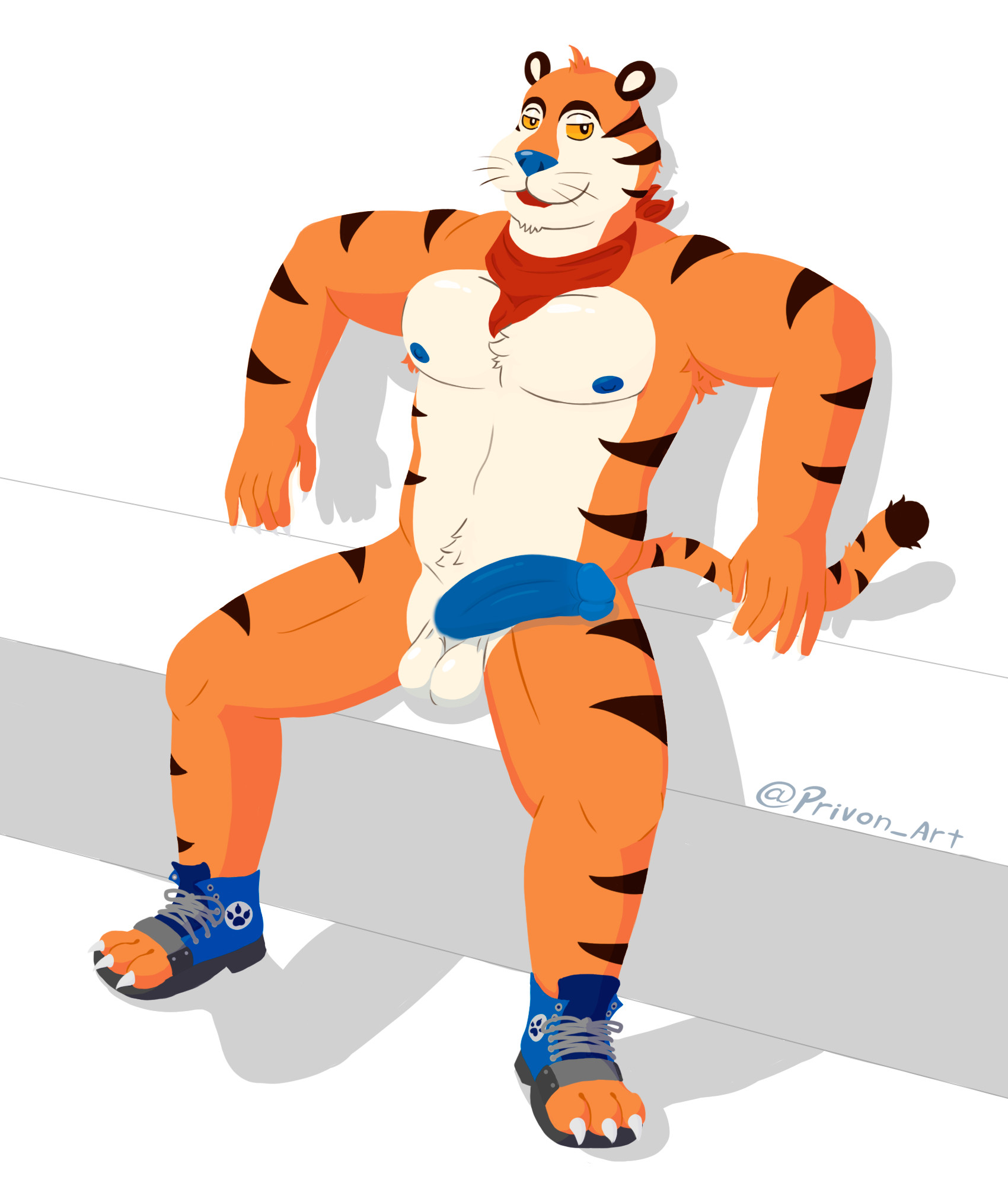 Bara version of Tony the tiger (Anthropomorphic tiger) sitting on a white background, with a hard blue dick and blue pair of paw-shoes and his legs opens.