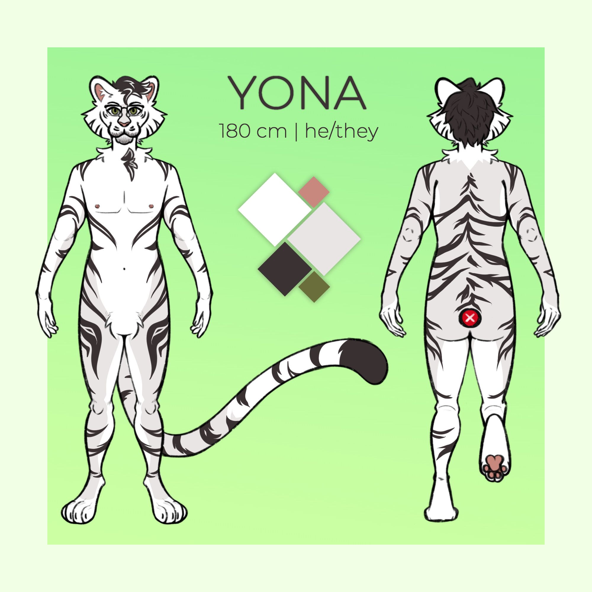 A fursona reference sheet displaying a white and grey tiger with dark brown stripes. His hair is dark with white tips. He is wearing glasses and has green eyes.