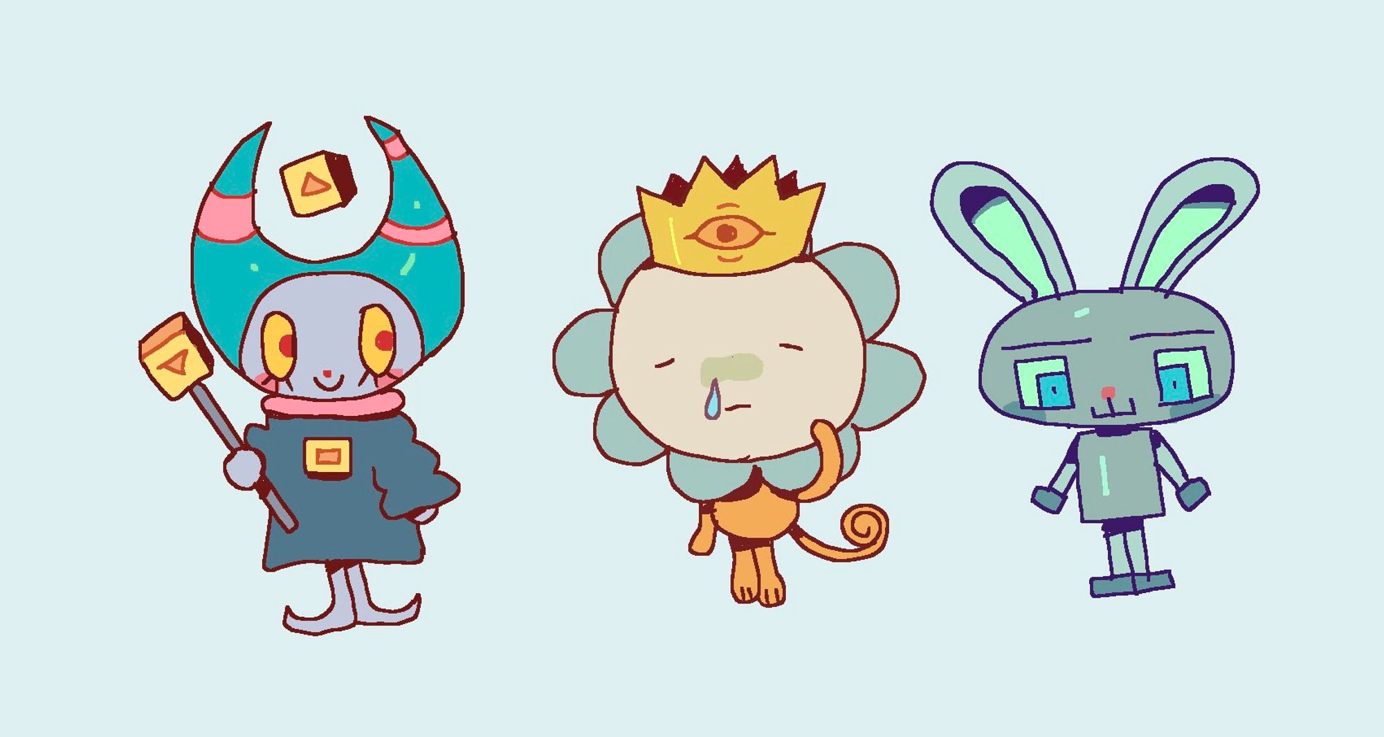 3 drawings of funny little characters in a row: first has a strangely pointy hat anda  cube staff with yellow eyes, second looks like a lil flower mixed with a monkey and is wearing a big golden crown, third is a funky little robot bunny