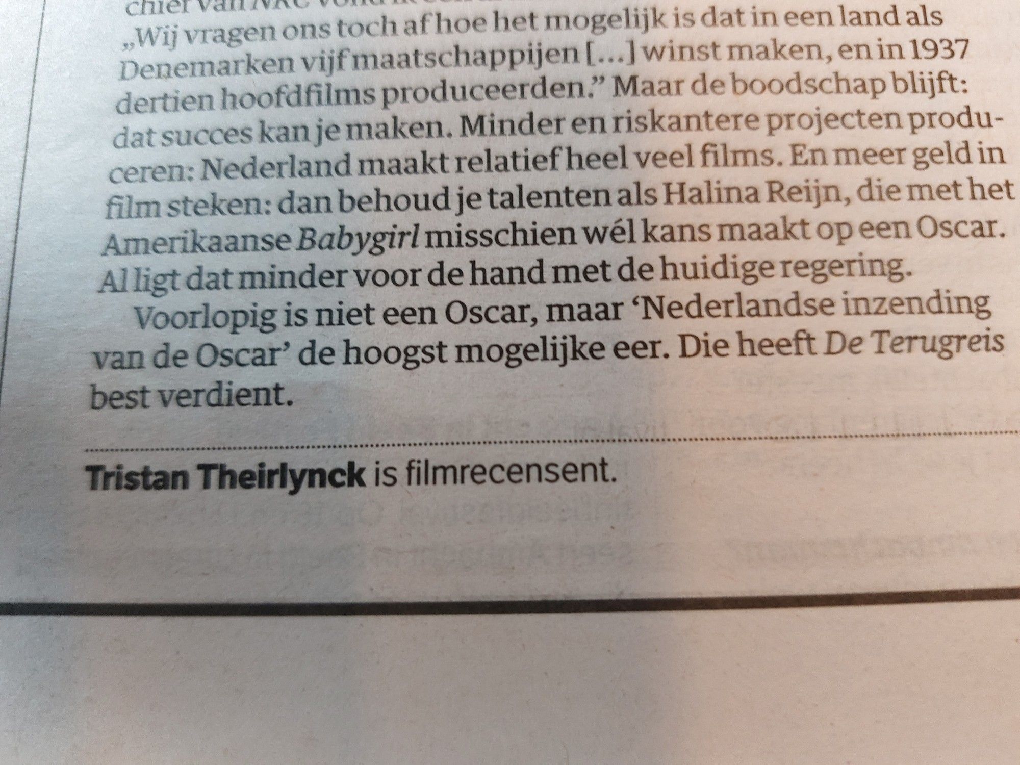 Column van Tristan Theirlinck in NRC over film, met als klapstuk een knoeperd van een spelfout.