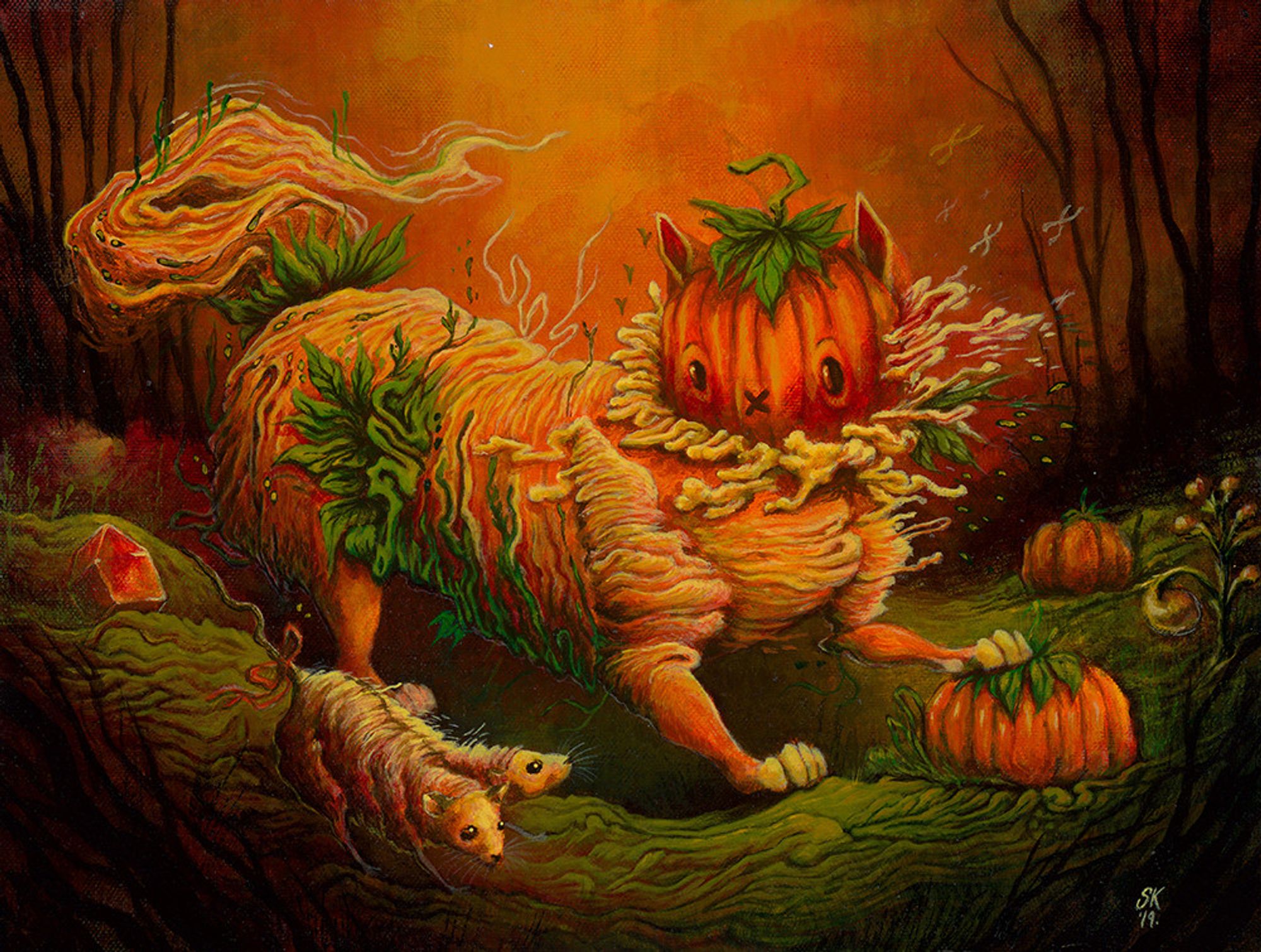 acrylic painting of a Pumpkin headed cat and a two headed rat, running hrough the forest