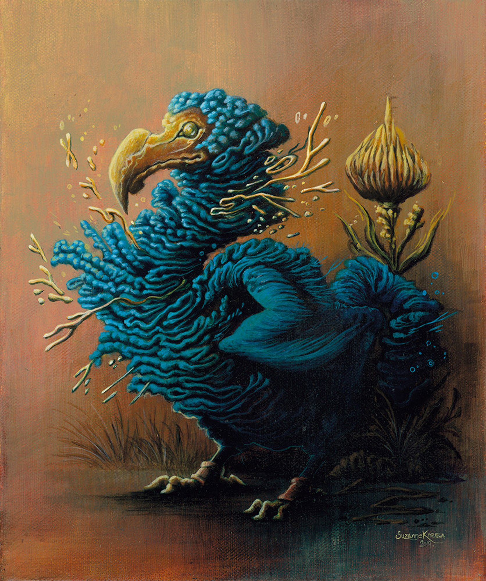 acrylic painting of a blue dodo bird, ochre coloured background, a weird flower on the right