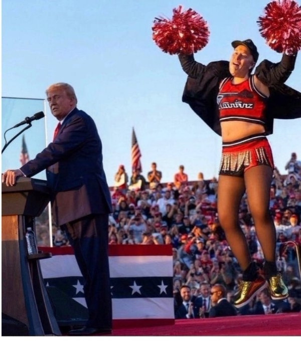 Meme showing Elon Musk off his head as a cheerleader at Trumps rally