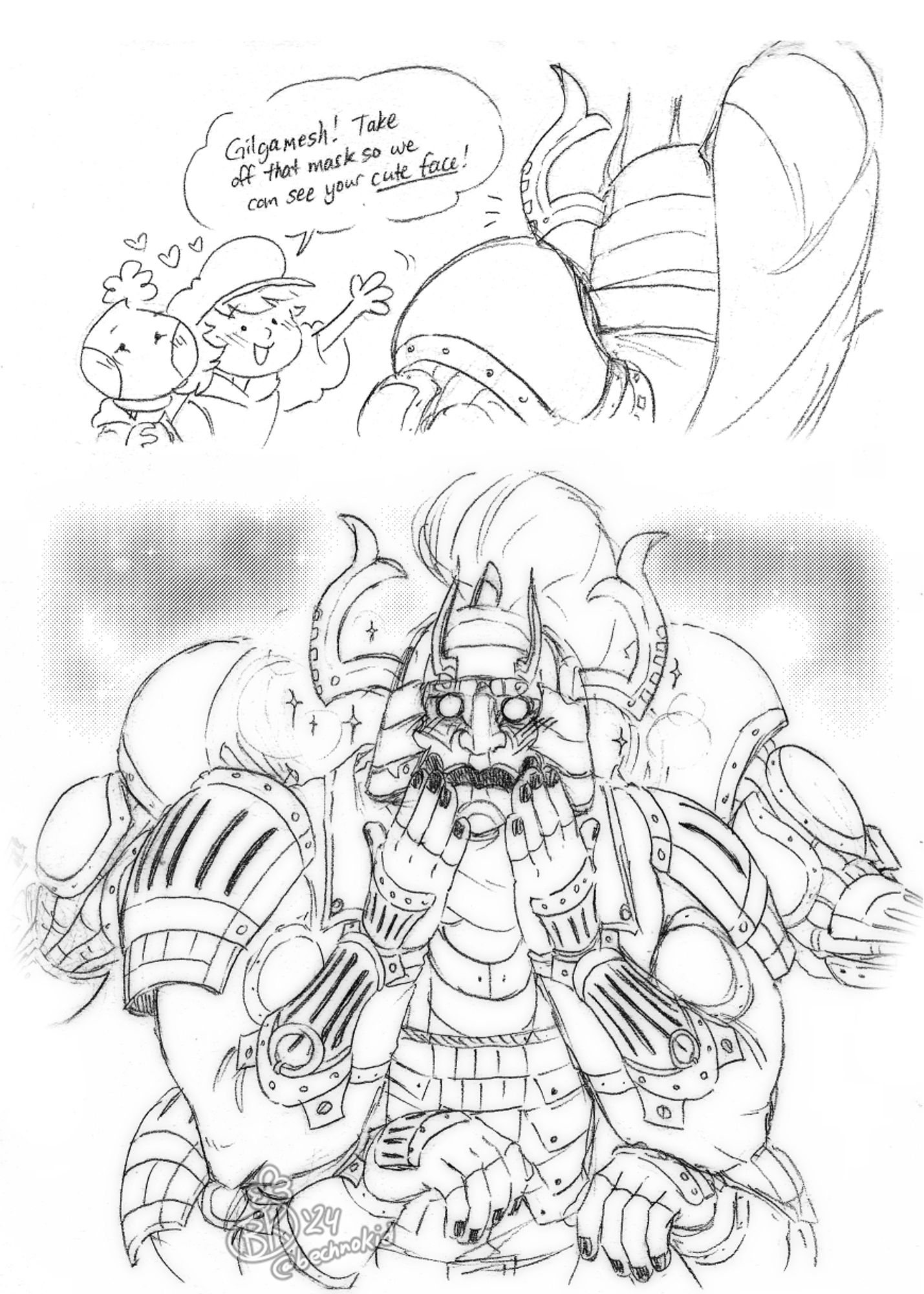 A short comic depicting Gilgamesh from Final Fantasy 7 Rebirth and Twitter/X users bechnokid and avalypuff.

In the first panel, Avalypuff waves to Gilgamesh and says, "Gilgamesh! Take off that mask so we can see your cute face!" Bechno Kid nods as hearts appear above both her and Avalypuff.

The second panel has a flustered if not flattered Gilgamesh.