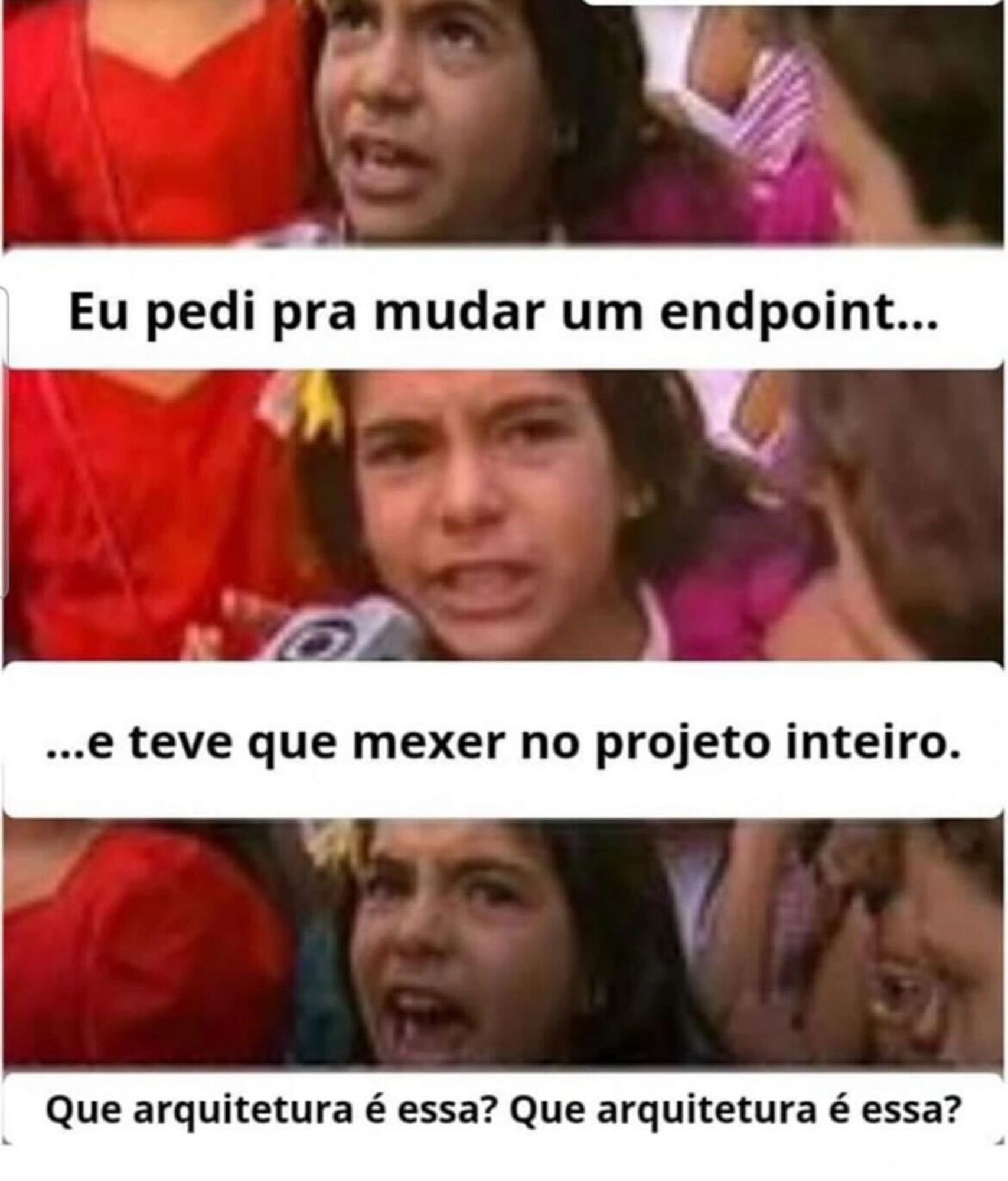 Um meme do meme da menina que pergunta "que xou da xuxa é esse?" com a seguinte fala:

– Eu pedi pra mudar um endpoint...
– ...e teve que mexer no projeto inteiro.
– Que arquitetura é essa? Que arquitetura é essa?