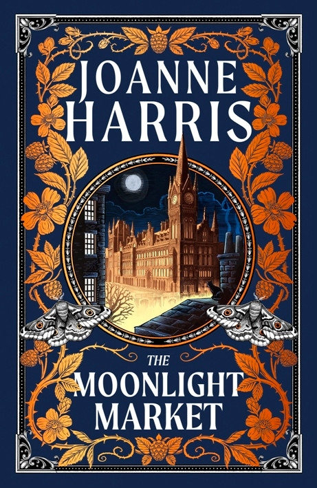 A bronze and dark blue design, showing part of the King's Cross skyline under a full moon, surrounded by a design of brambles and moths. The title is: THE MOONLIGHT MARKET.