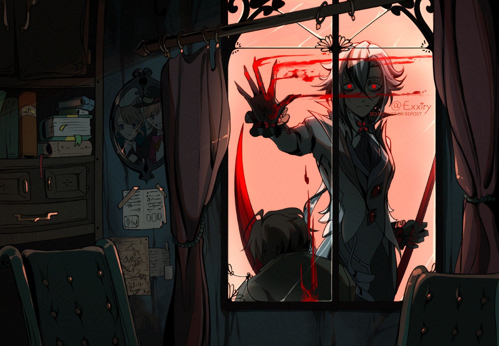 A drawing of a room filled with furniture, focus is on a window that looks outside. Outside of the window is Arlecchino (character from the game Genshin impact), creepily staring inside. She has a red scythe and there is some blood smears on the window glass. Picture has dark tones, with window glass being lighter coloured.
#GenshinImapct #fanart #myart