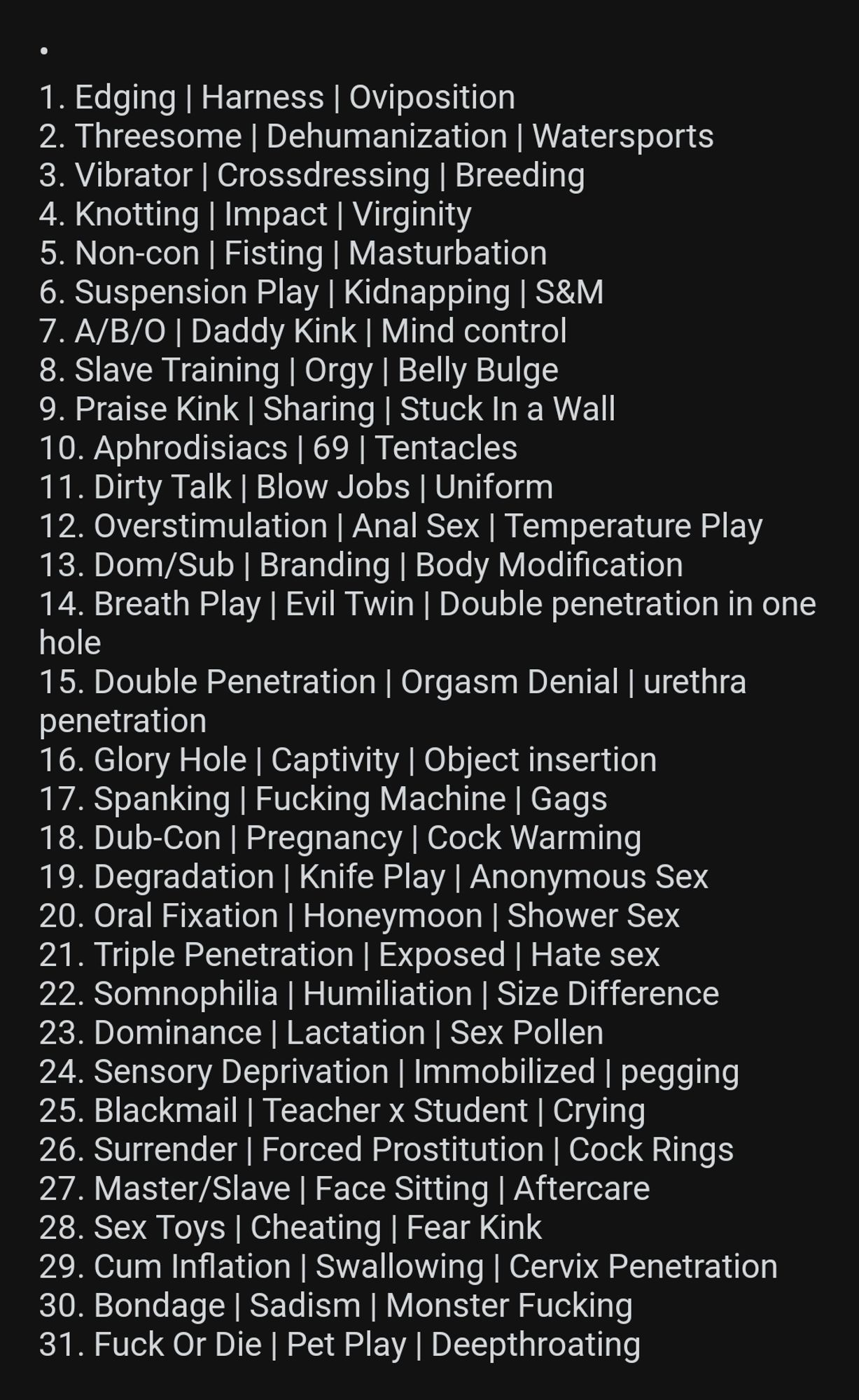 A screen shot of an extensive promp list for this year's kinktober.