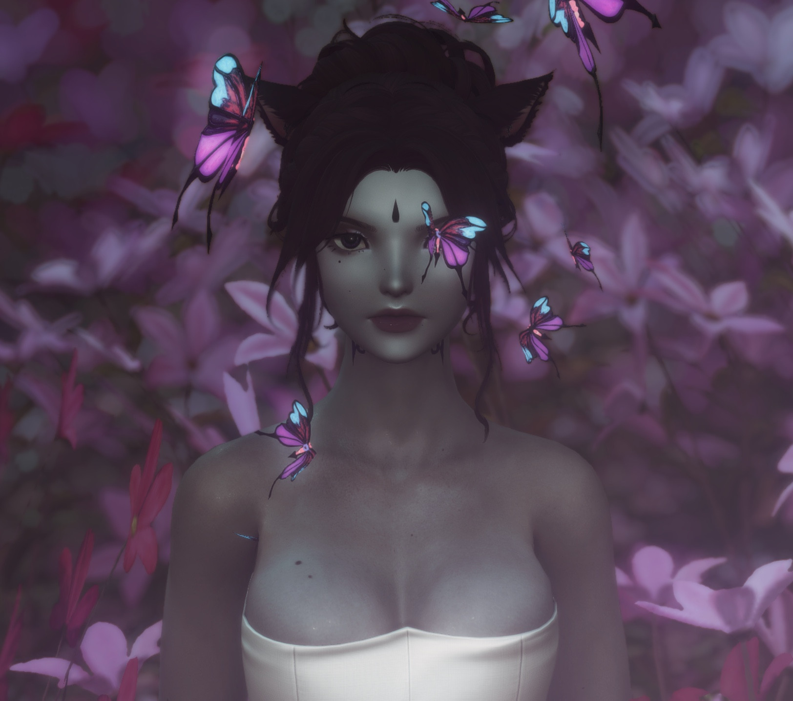 Cat girl in a dimly lit portrait, pink flowers in the background, butterflies surrounding her head with one covering her left eye.