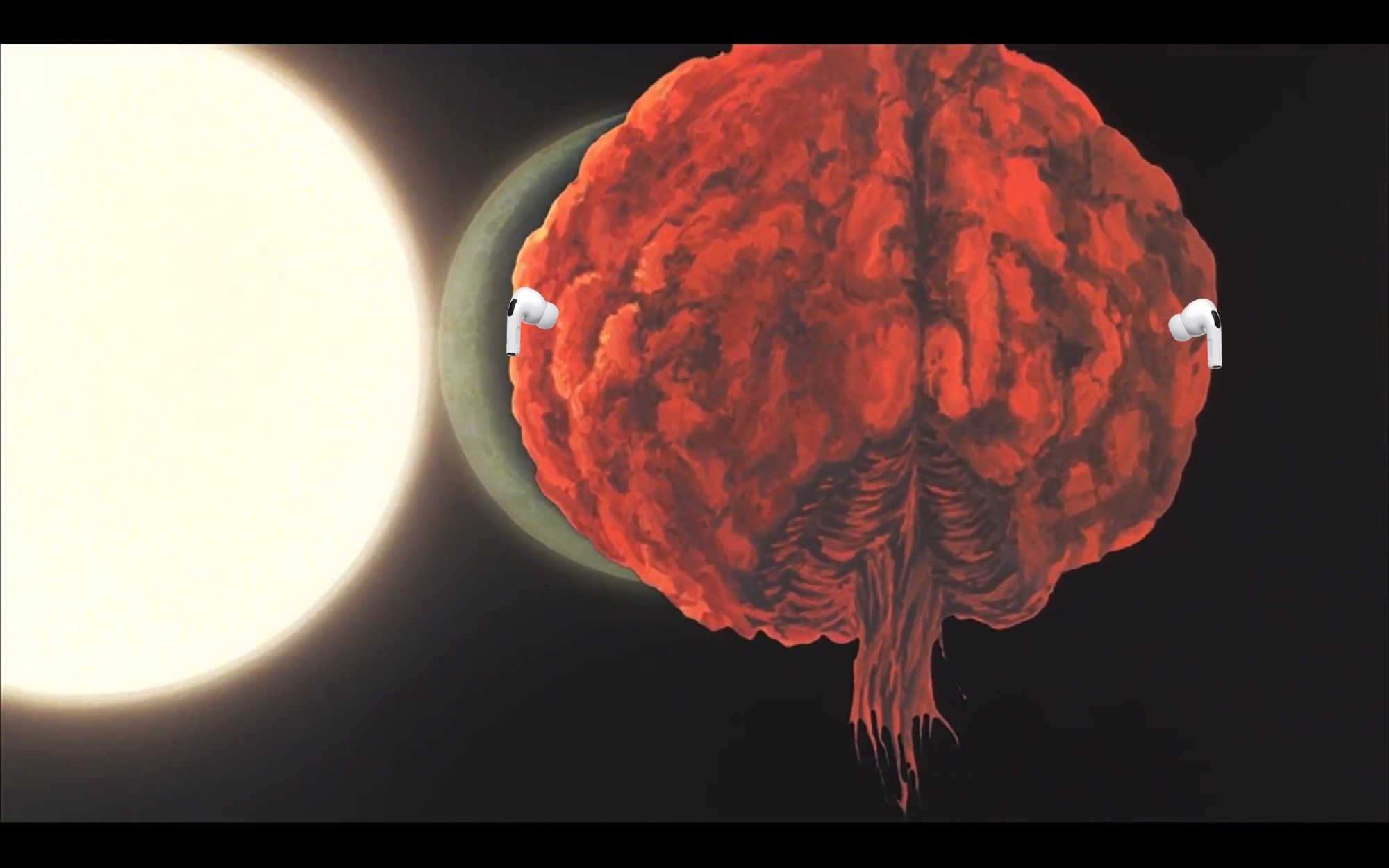 Screenshot from Lupin III: the Mystery of Mamo, edited with air pods on his giant dumb brain as it floats into the sun.