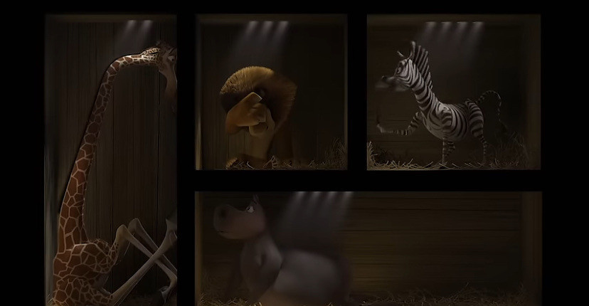 IMG DESCRIPTION: Screenshot from the first Madagascar film, the scene of the four animals in crates, trying to talk to each other.