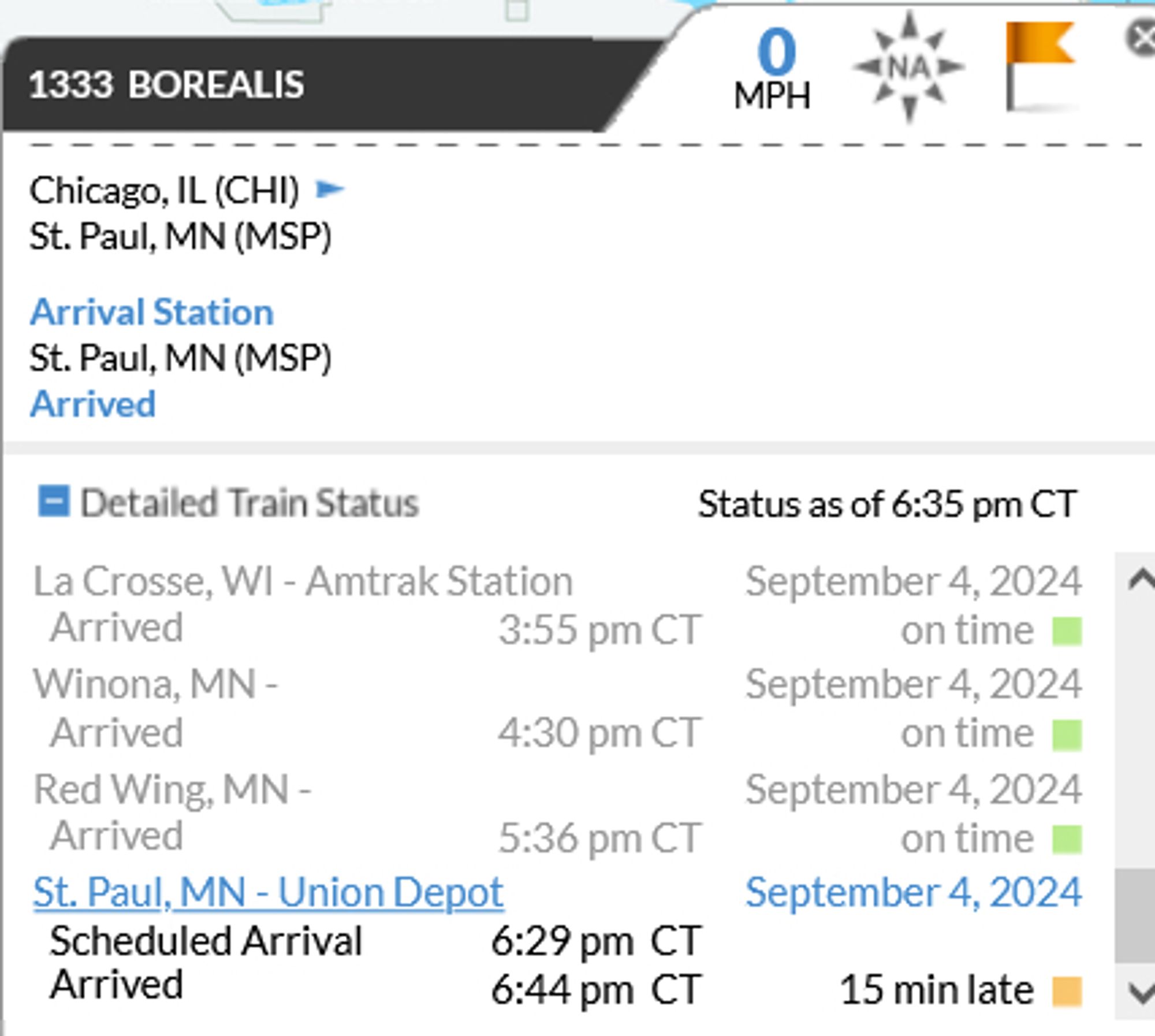 A screenshot of the train status popup window for Borealis train 1333, heading from Chicago, IL to St. Paul, MN, from Amtrak's Track-Your-Train map. There is a list of prior stations that are greyed out, and then the final station--St. Paul--in black, showing a scheduled arrival time of 6:29 p.m. CT and an Arrived (actual arrival) time of 6:44 p.m. CT, making the train 15 minutes late.