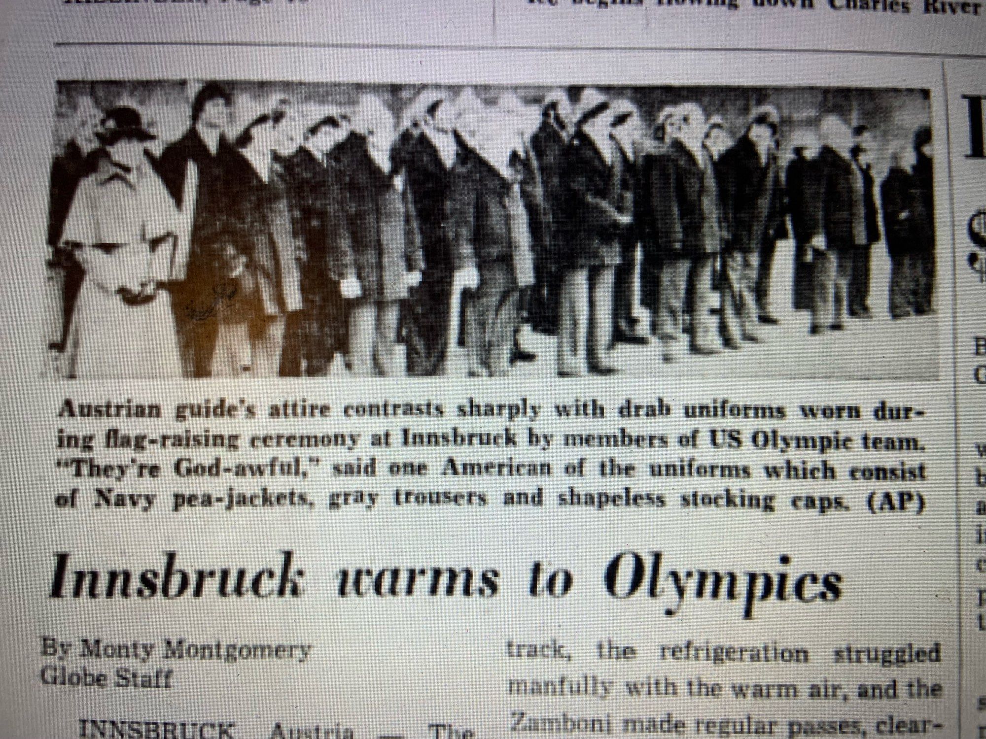 Crop of front page of Boston Globe with photo of Team USA at 1976 Innsbruck Olympics Opening Ceremony. Caption notes athletes complaining about outfits