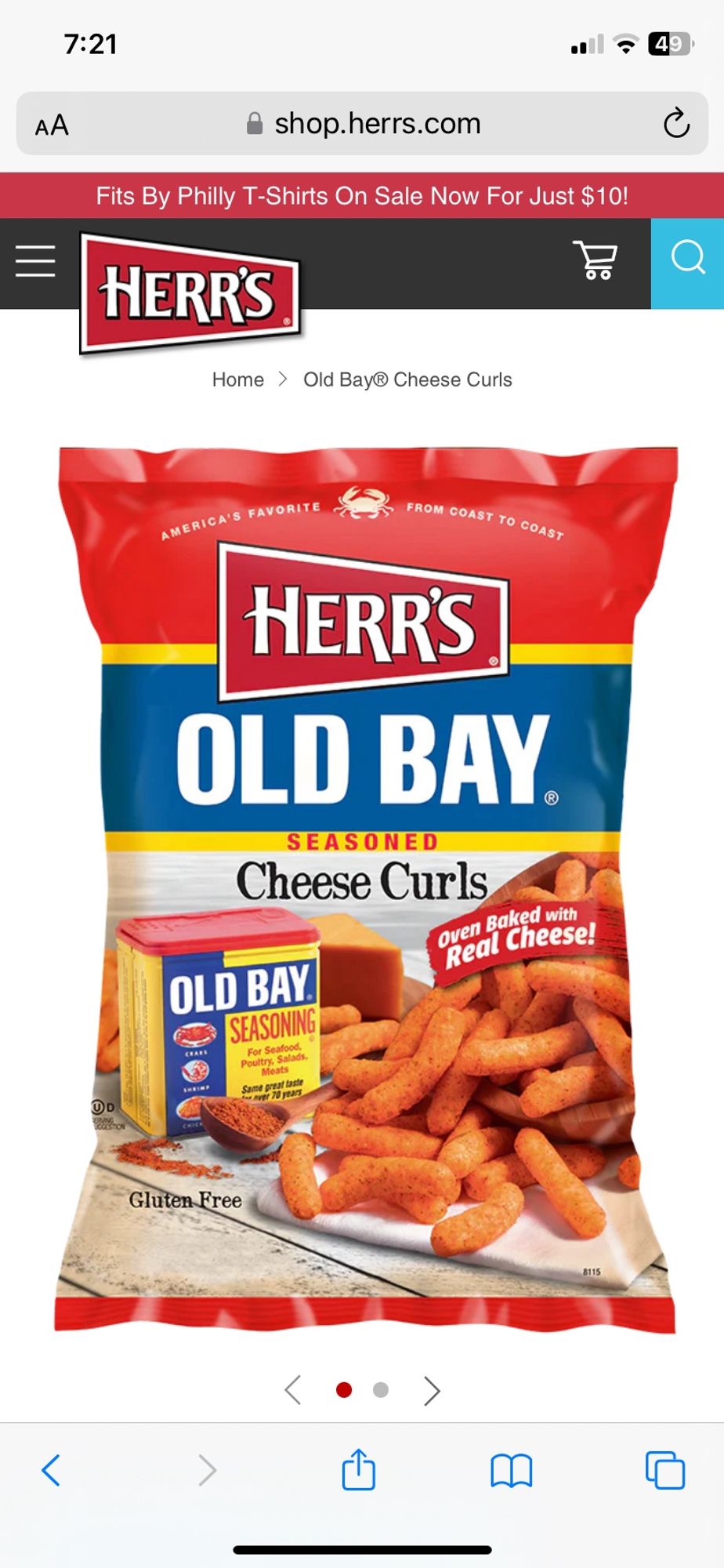 Bag of herr’s old bay cheese curls. Photo of cheese curls and square container of old bay on front of bag