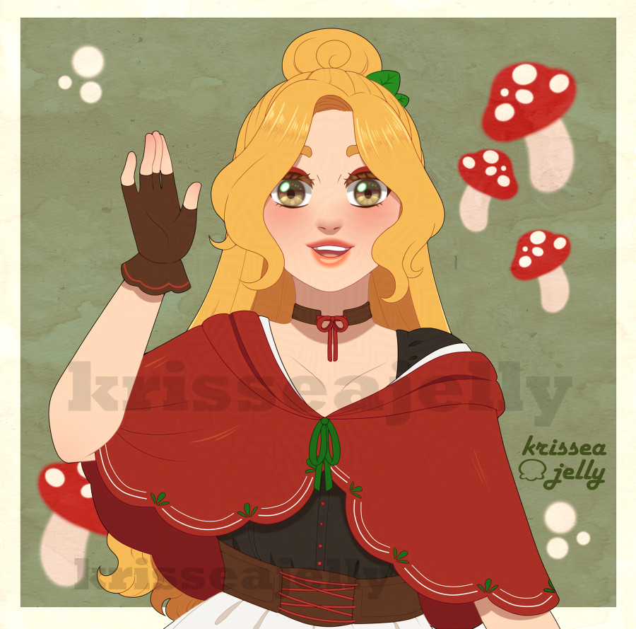 Digital art of a girl with long, honey-blonde hair and brown eyes waving. She wears a red shawl and has mushrooms around her.