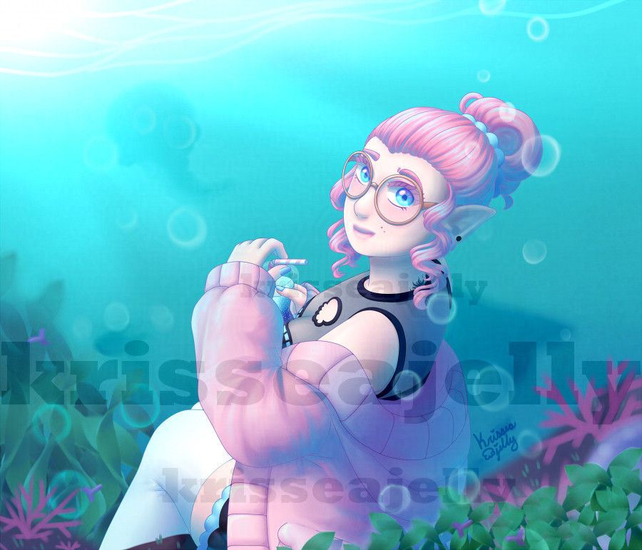 Digital art of a girl with pink hair, blue eyes, and a big pink cardigan sitting under the ocean drinking a blue drink.