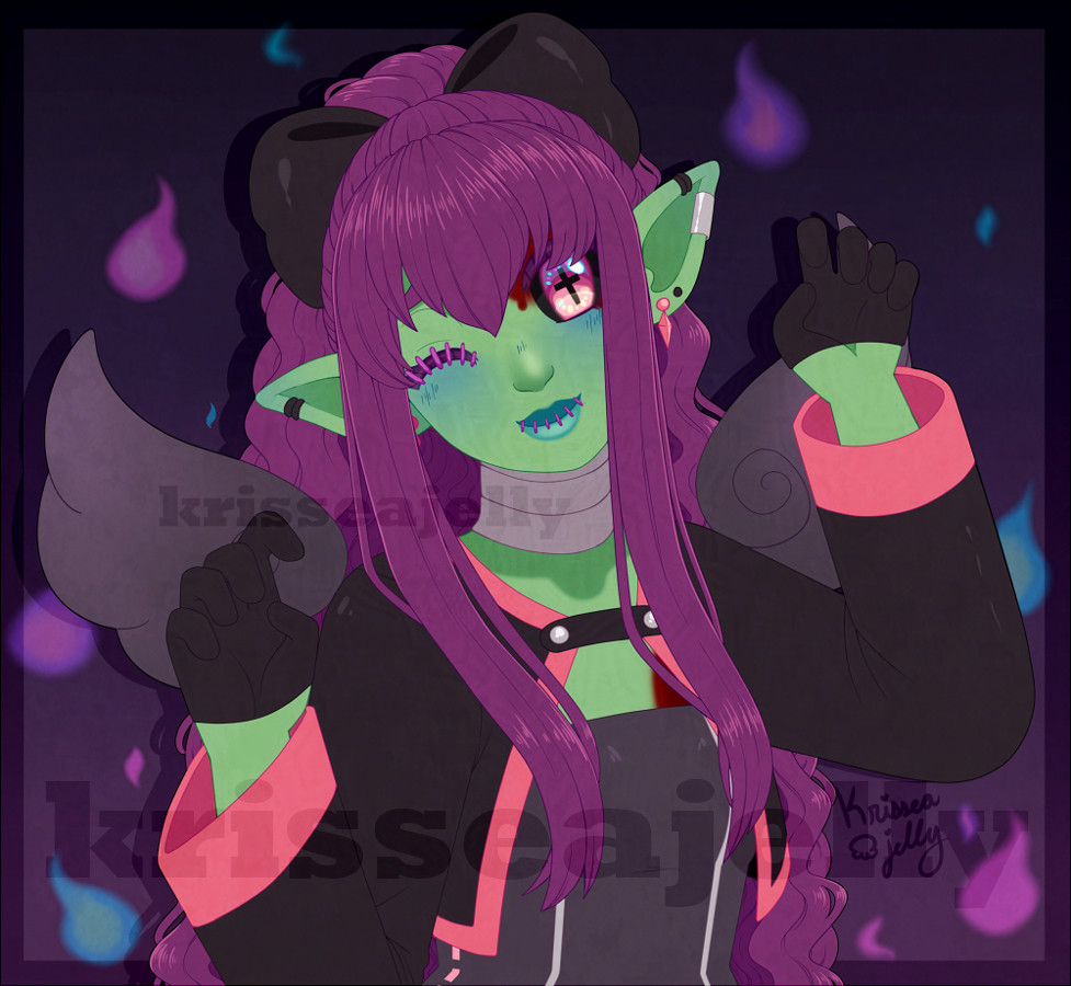 Digital art of a zombie-like character with green skin, purple hair, small black wings, and a pink eye. Her hair is tied in a ponytail with a big bow and she wears a cropped black and pink cardigan with a lighter black top.