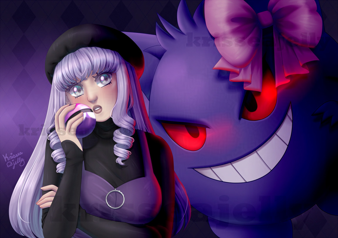 Digital art of a girl with lavender hair and silver eyes holding a pokeball. Beside her is a Gengar with a pink bow on its head.