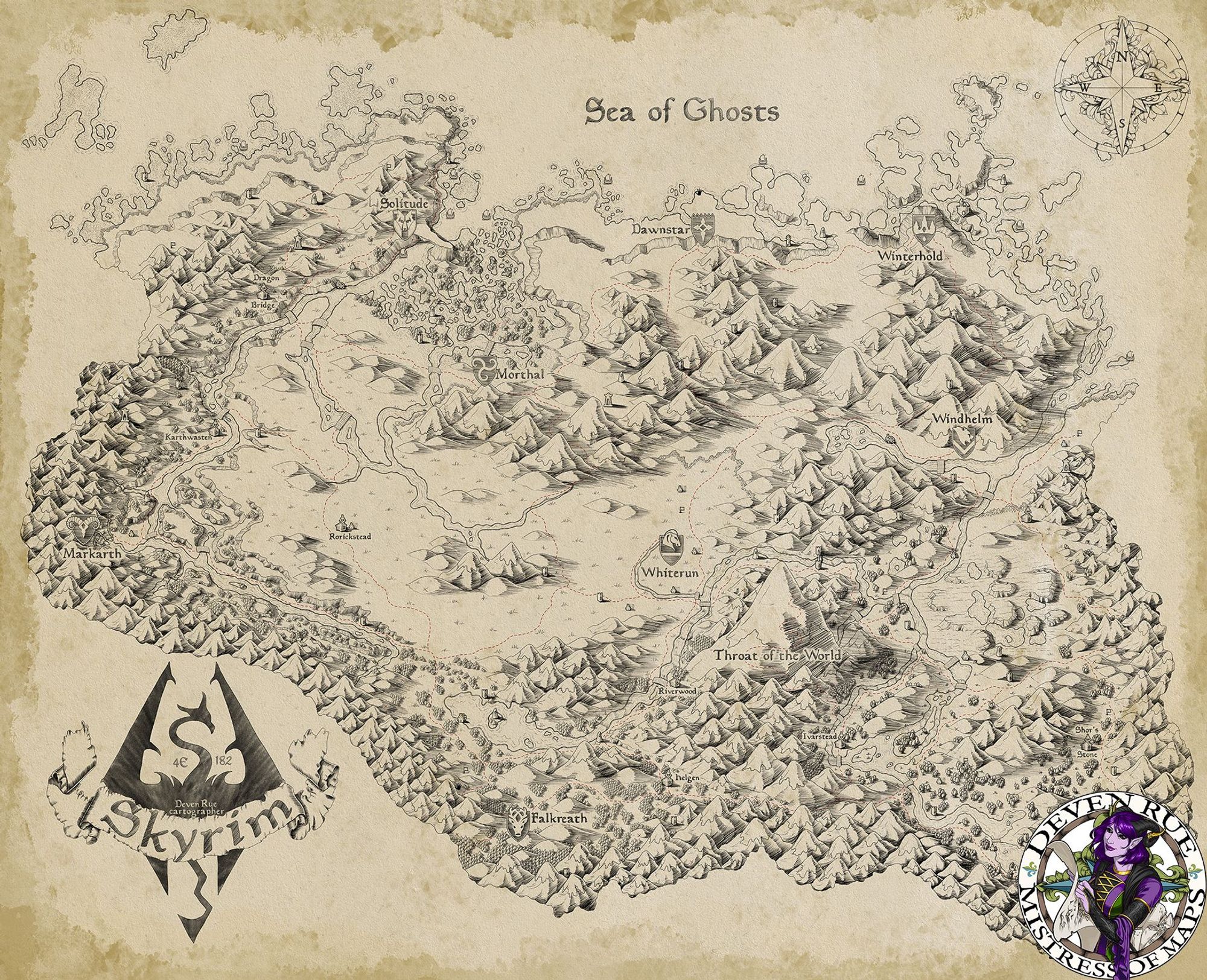 A hand-drawn map of the fantasy realm of Skyrim created in pencil on a stained, yellowed, paper background. Deven Rue’s logo is in  the bottom right-hand corner.