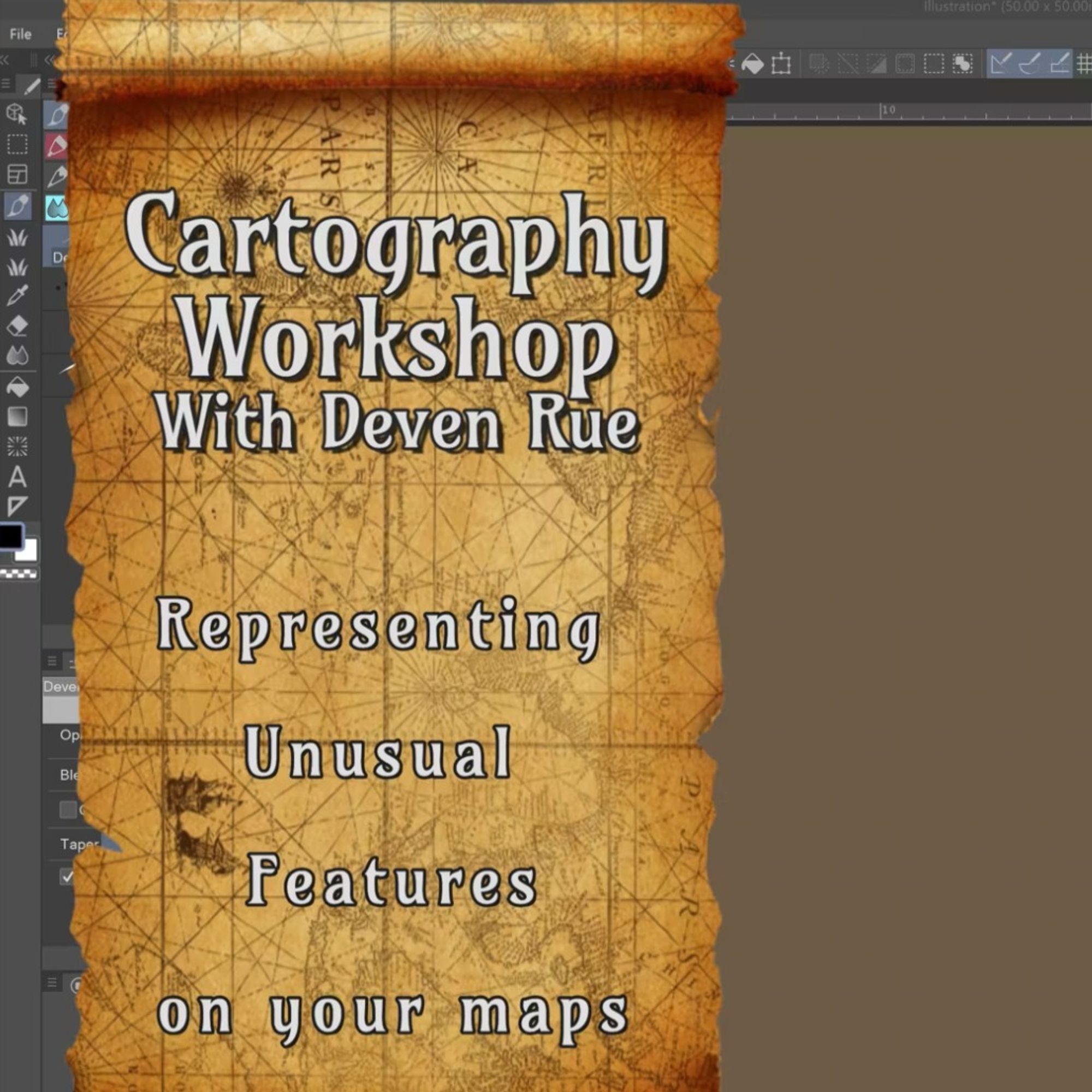 Screenshot of a video with the following title: Cartography Workshop with Deven Rue - Representing Unusual Features on your maps. The title is over a map background.