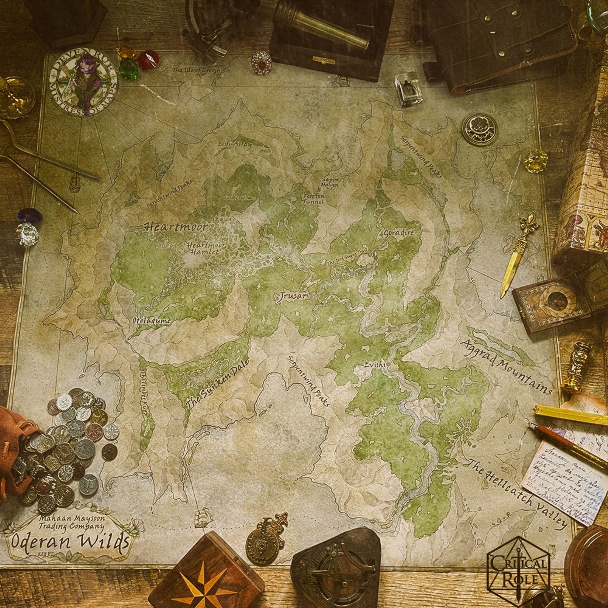 A vintage looking photo of a map of the Oderan Wilds surrounded by coins, gems, and navigation tools. The Oderan Wilds are a part of the fictional world of Exandria from Critical Role.