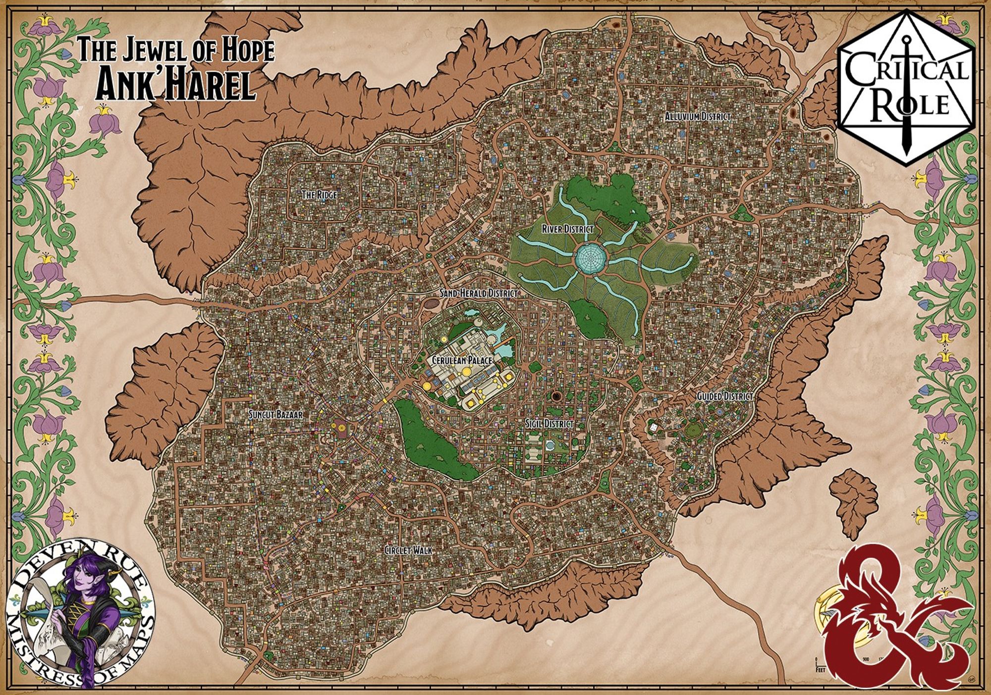 A hand-drawn fantasy map of the desert city of Ank’Harel from Critical Role’s world of Exandria. The city is surrounded by mountains and desert sands. The map shows a vast city with hundreds of buildings, a palace and a lush garden district. Its bordered in a desert flower motif.